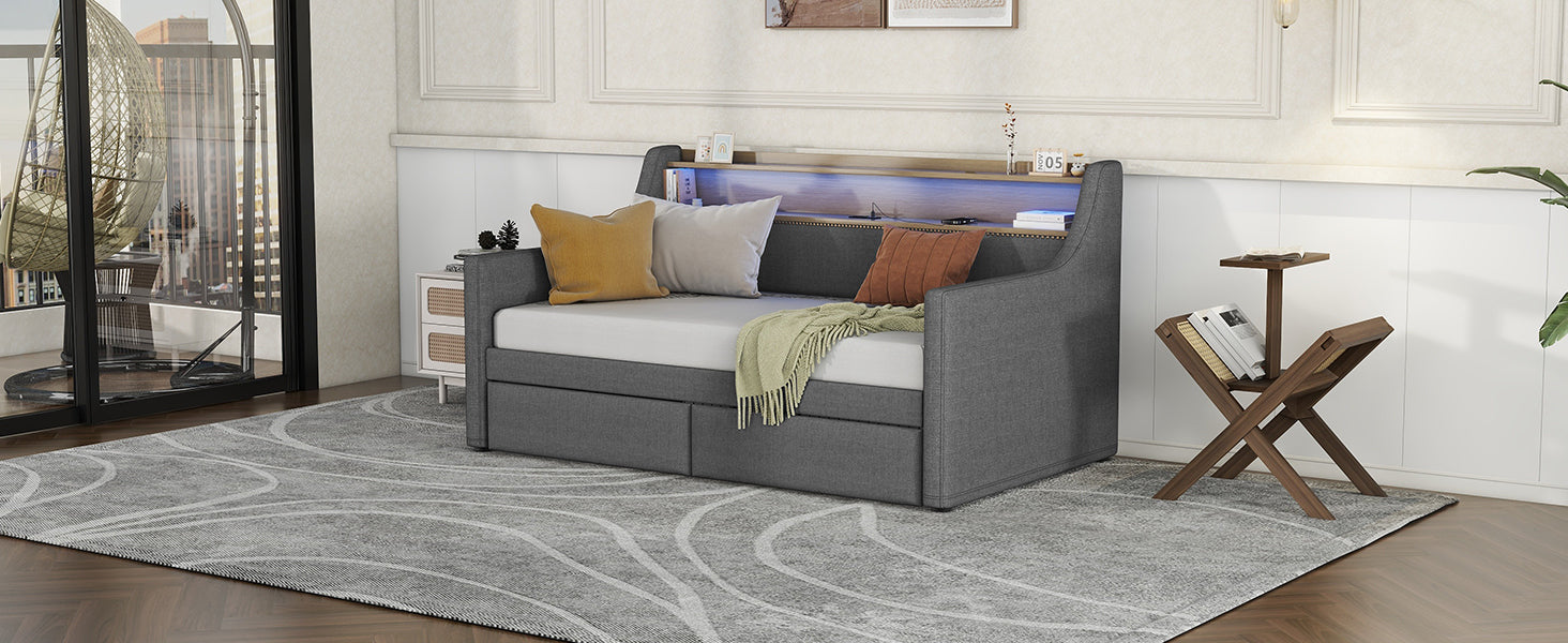 Twin Size Daybed with Storage Drawers, Upholstered Daybed with Charging Station and LED Lights, Gray(Old Item W1580S00023)