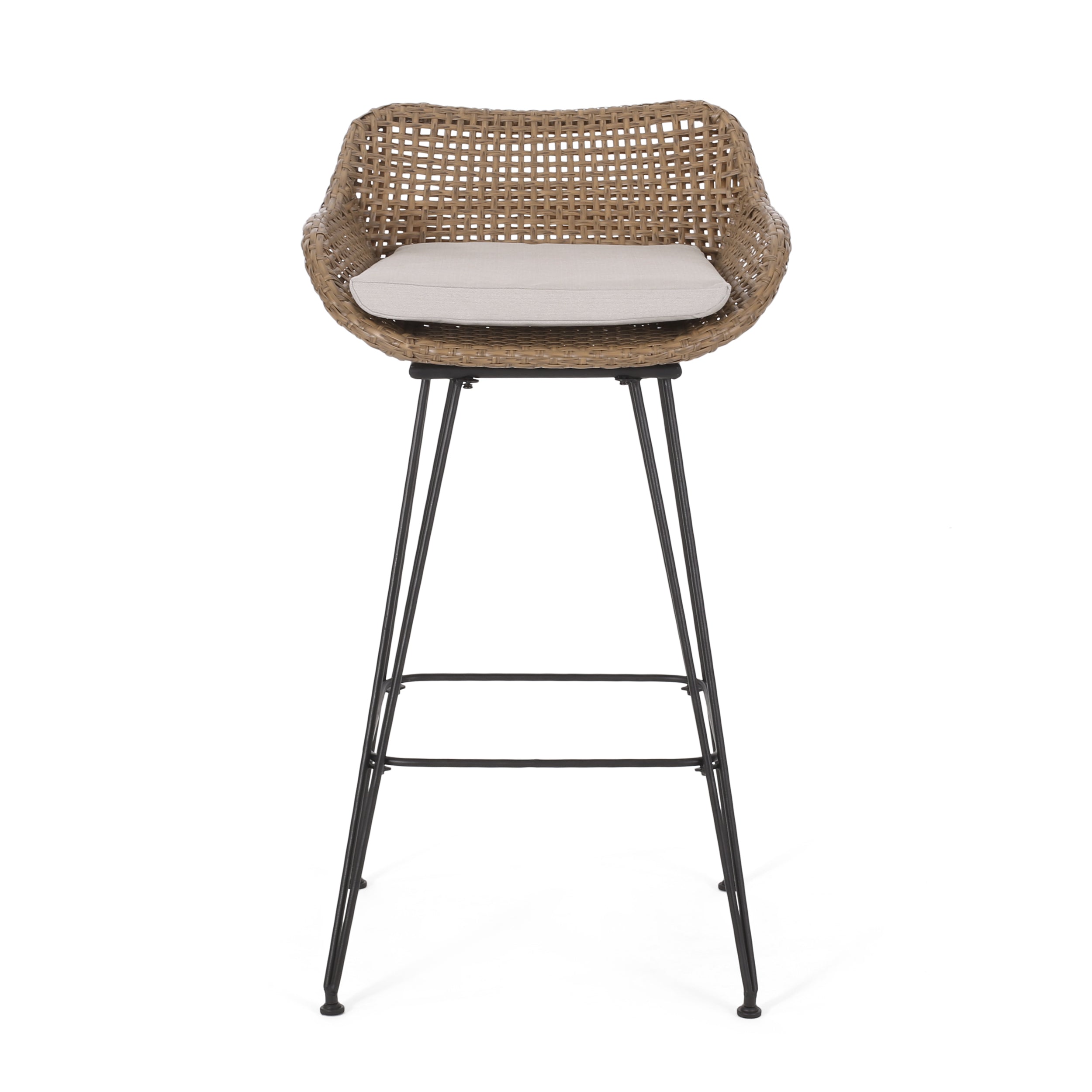 29.25" Outdoor Wicker and Iron Low Back Barstools, Light Brown, with Beige Cushion (Set of 2)