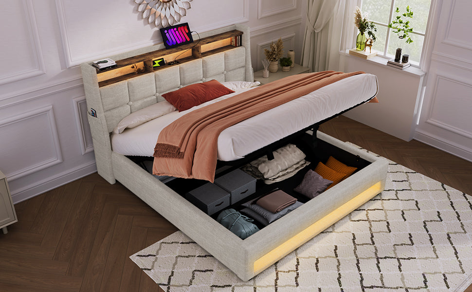 Queen size Upholstered Platform bed with a Hydraulic Storage System, LED and USB Charging, Natural (without mattress)