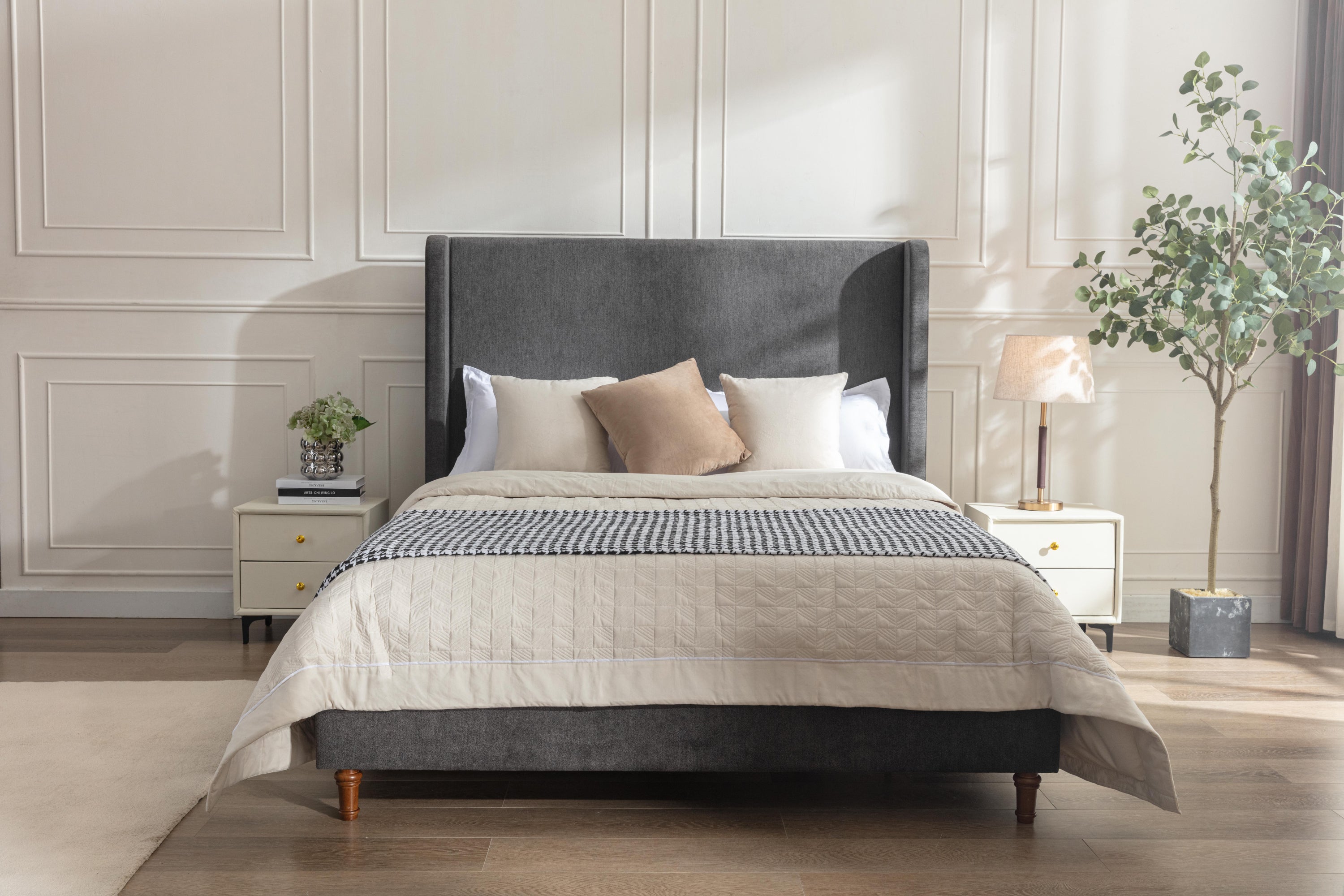 Same as B083P152031 Harper Tall Headboard Upholstered Bed / 54" High Headboard / Elegant Simplicity / No Box Spring Needed / Easy Assembly / Queen / Dark gray velvet