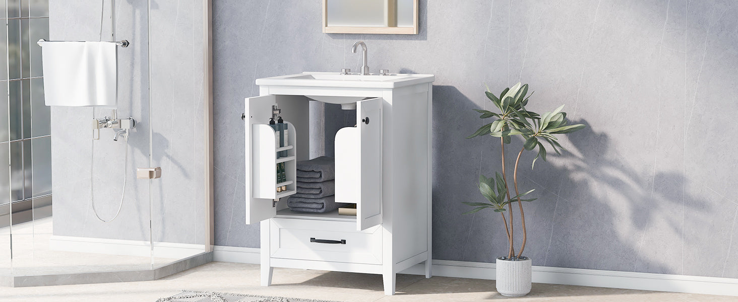 24" Bathroom Vanity with Sink, Bathroom Vanity Cabinet with One Drawer and Doors, Solid Wood and MDF, White