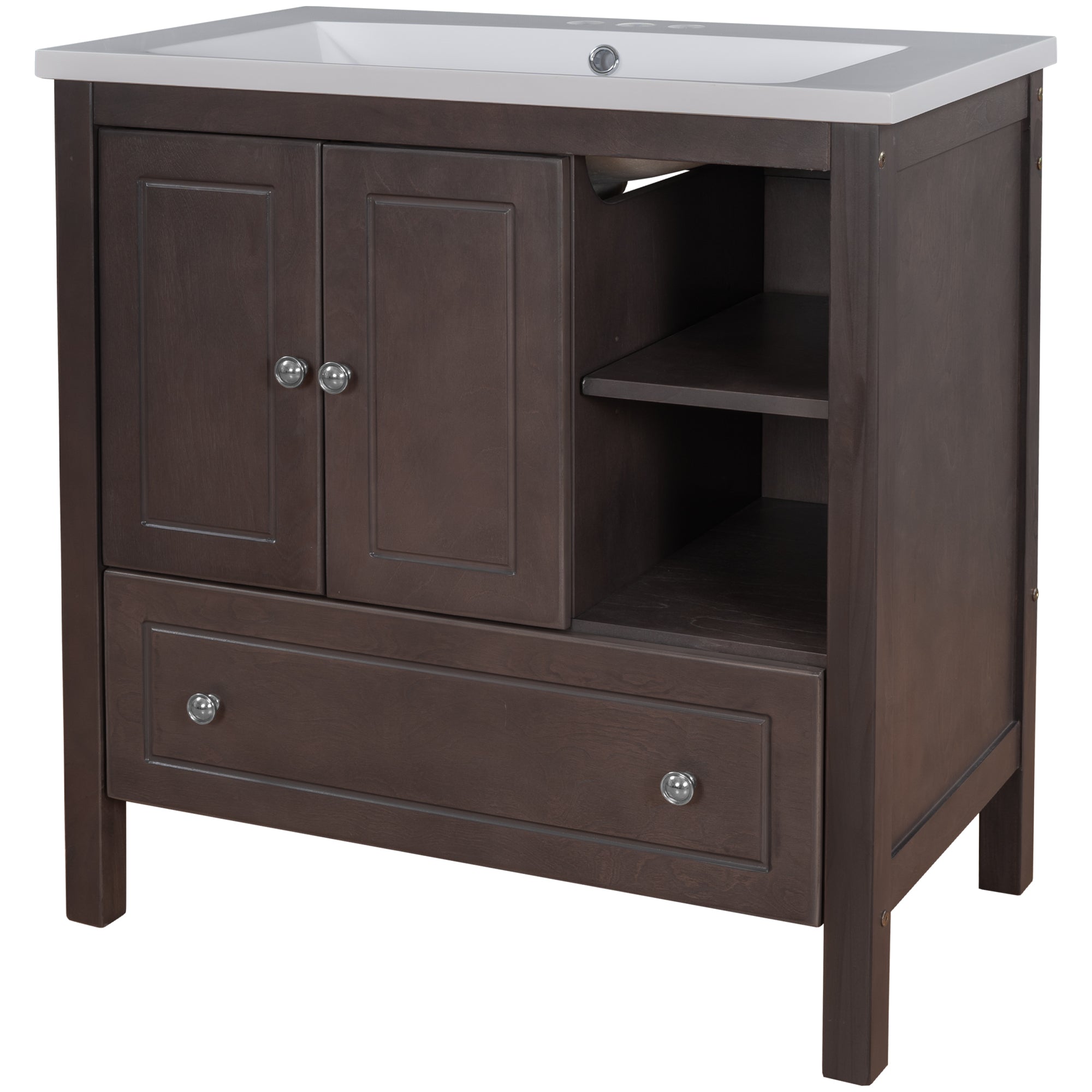 [VIDEO] 30" Bathroom Vanity with Sink, Bathroom Storage Cabinet with Doors and Drawers, Solid Wood Frame, Ceramic Sink, Brown (OLD SKU: JL000002AAD)