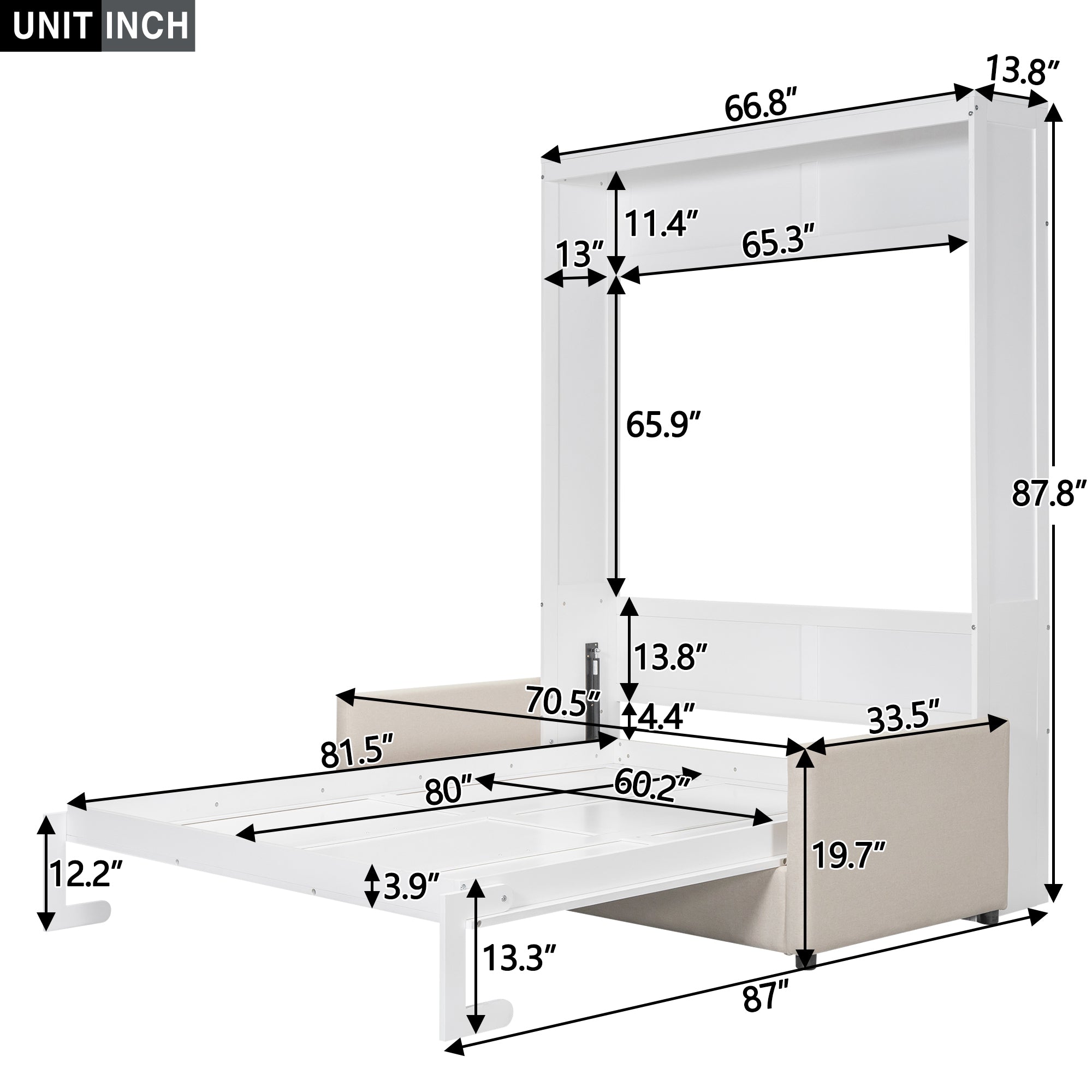 Queen Size Murphy Bed Wall Bed with Cushion, White