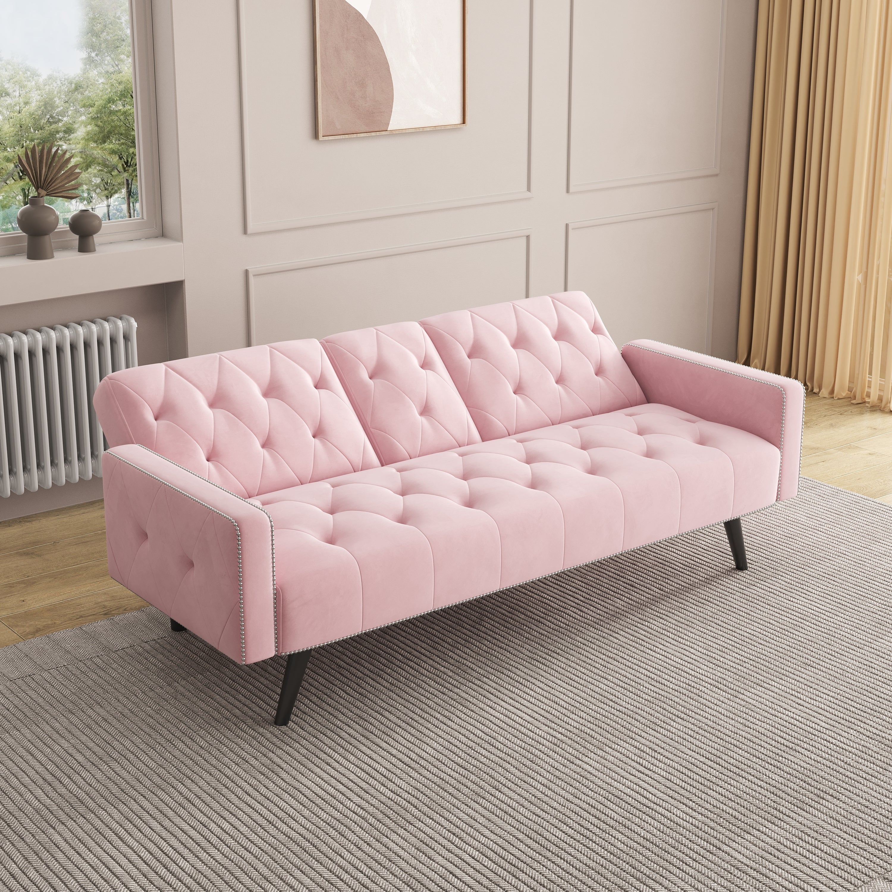 1730 Sofa Bed Armrest with Nail Head Trim with Two Cup Holders 72" Pink Velvet Sofa for Small Spaces