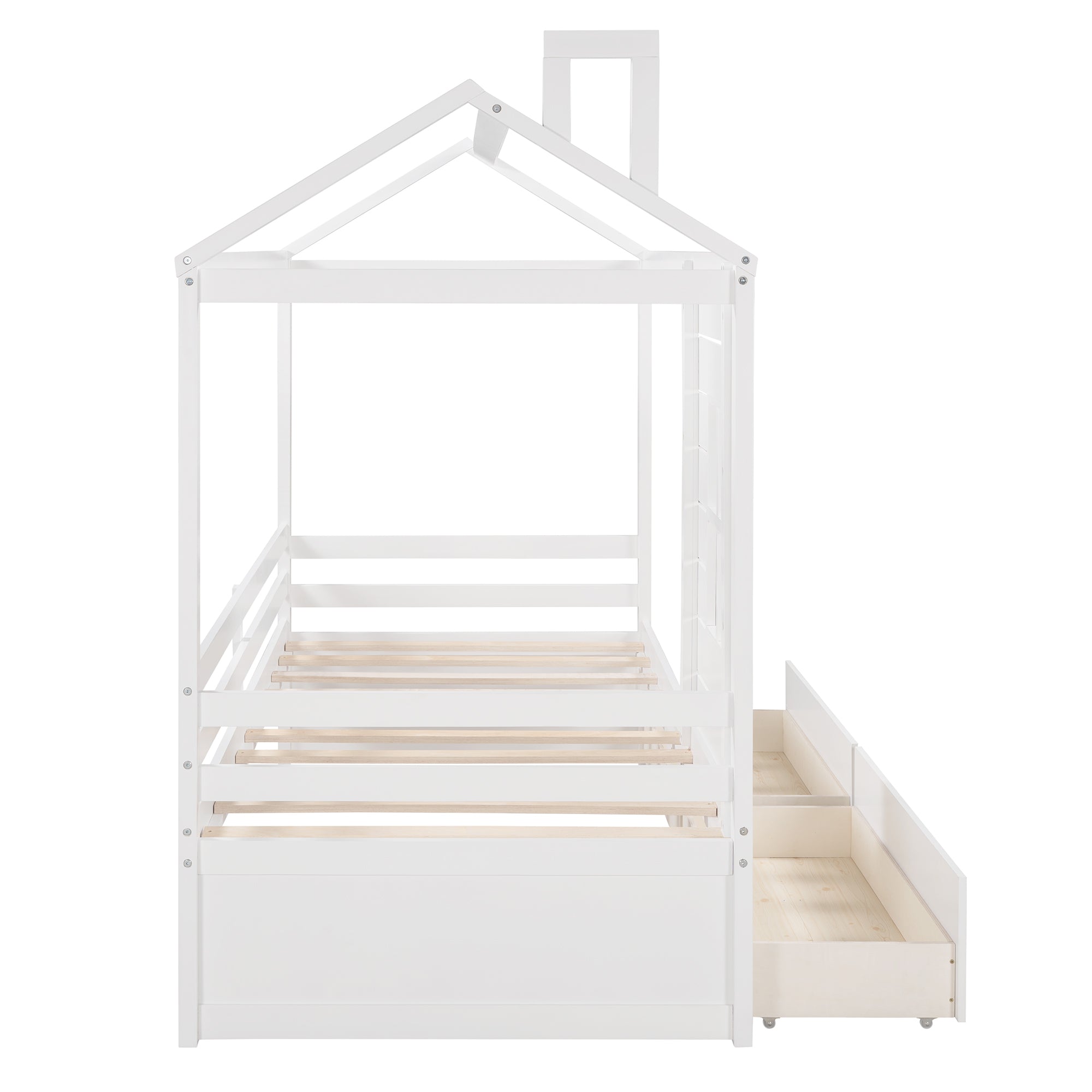 Twin Size House Bed Wood Bed with Two Drawers ( White )