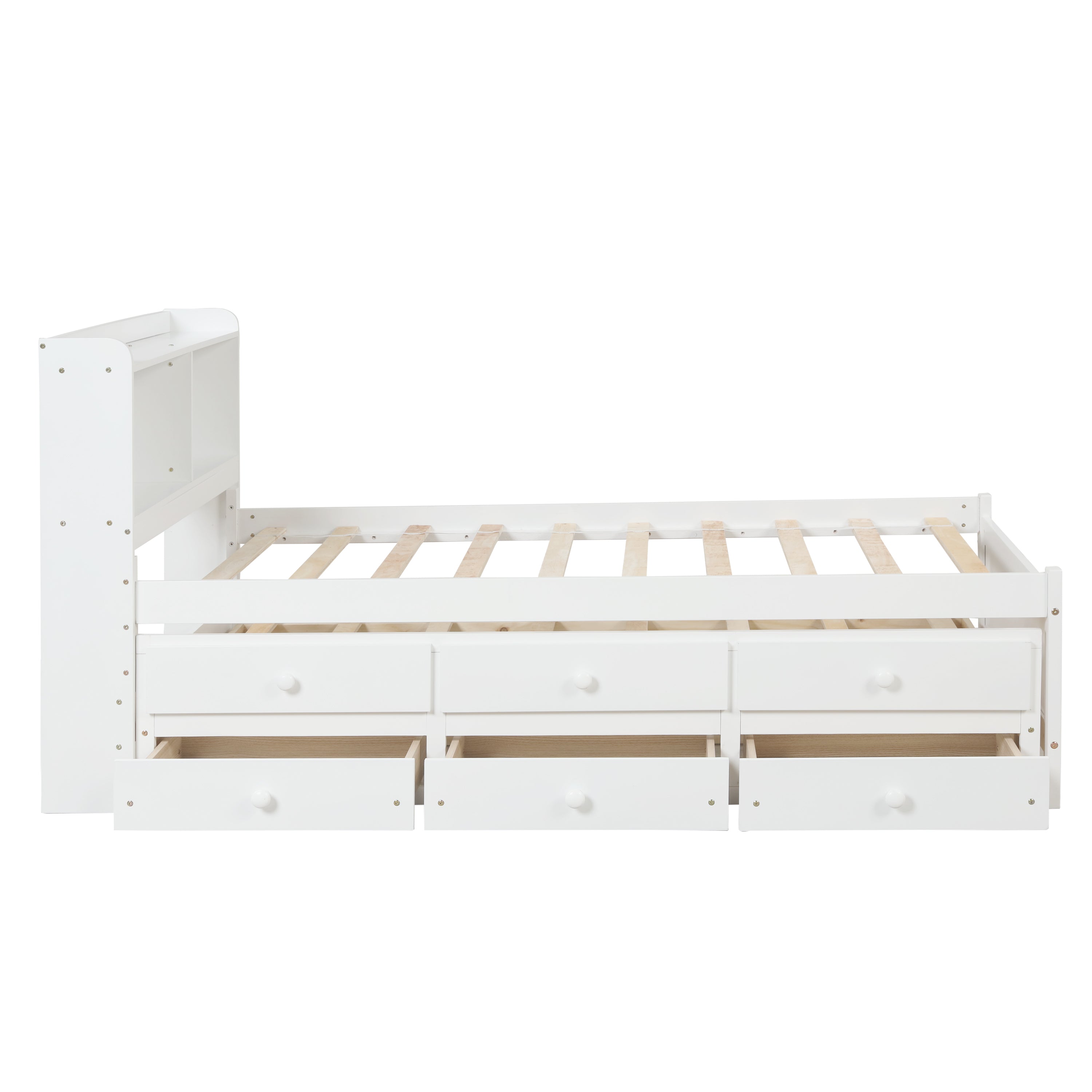 Twin Bed with Bookcase,Twin Trundle,Drawers,White