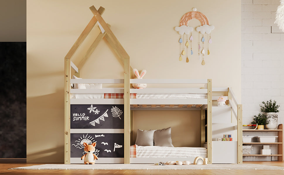 Twin over Twin House Bunk Bed with White Storage Staircase and 2 Blackboards, White and Natural