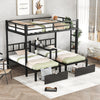 FULL XL Over Twin & Twin Triple Bunk Bed with Drawers, Multi-functional Metal Frame Bed with desks and shelves in the middle, Black