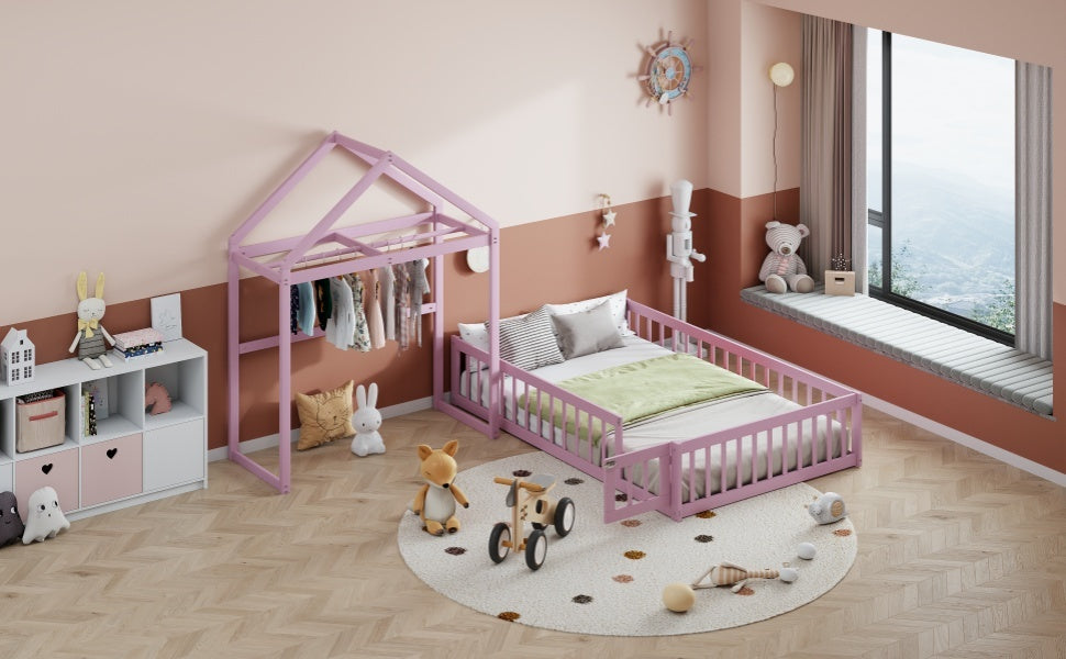 Wooden Floor Bed with Fence Railings and Detachable House Shape Headboard,Full Size Bed with Kids Dress Up Rack, Kids Montessori Style Playhouse Frame for Girls Boys, Pink