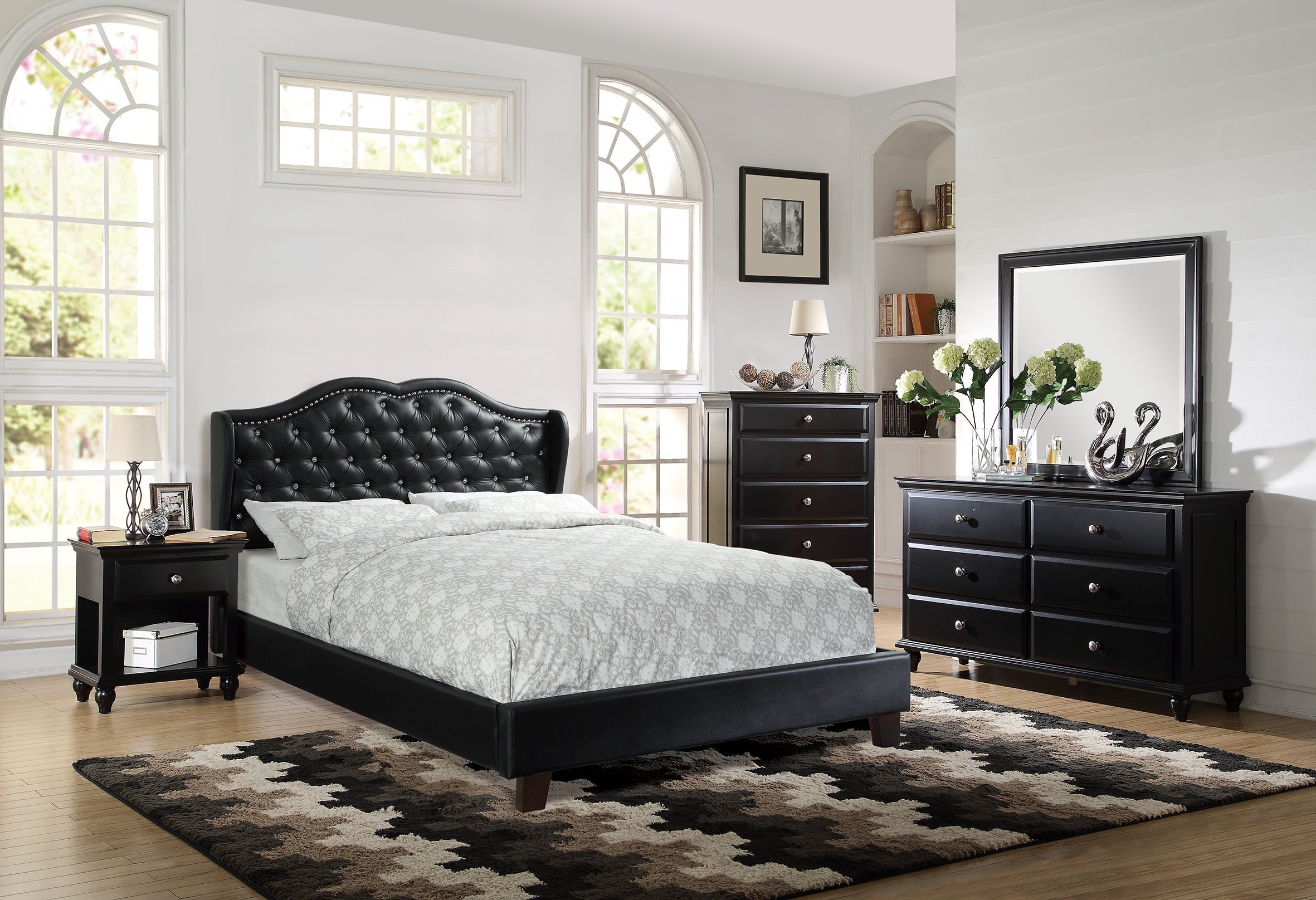 Queen Size Bed 1pc Bed Set Black Faux Leather Upholstered Wingback Design Bed Frame Headboard Bedroom Furniture Tufted Upholstered