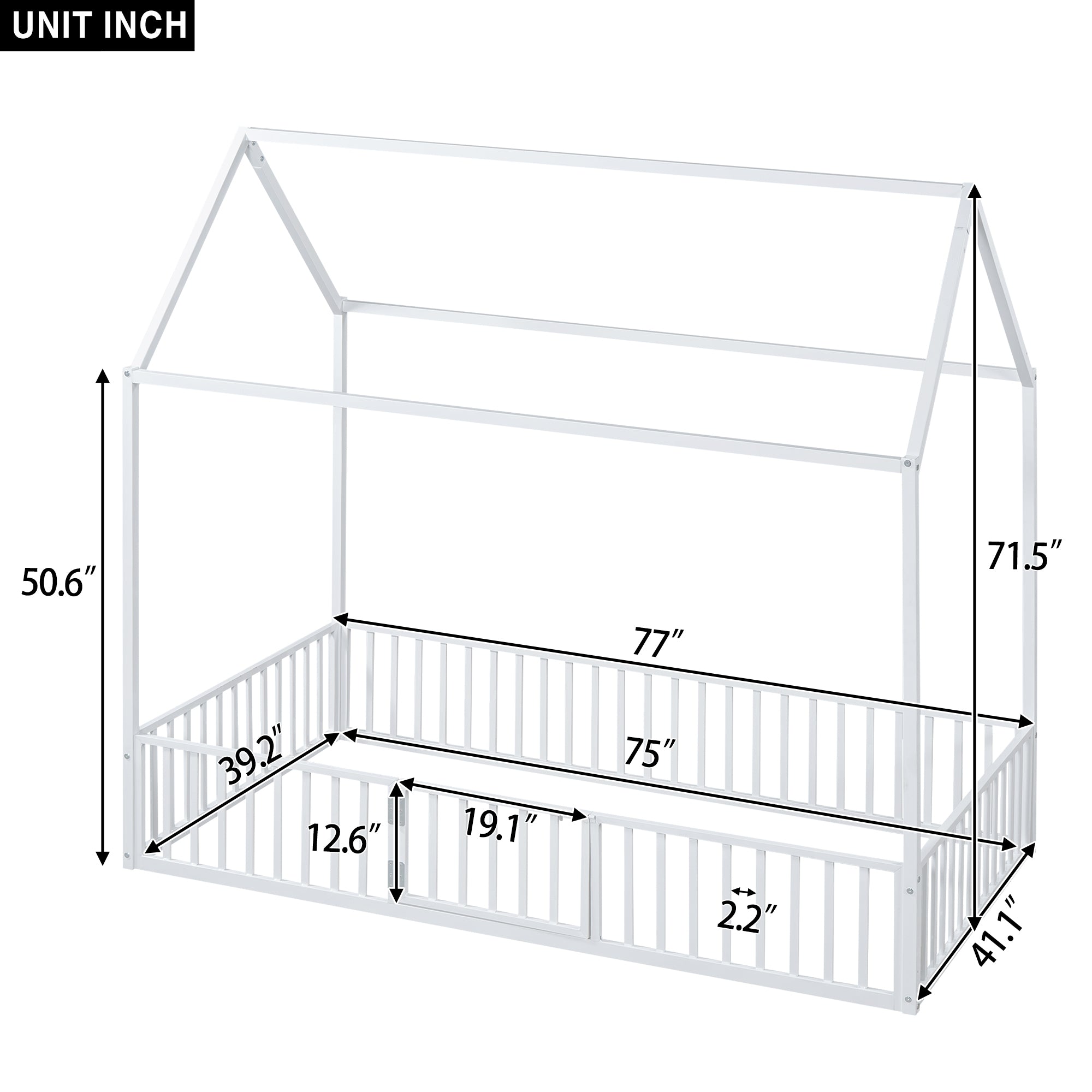 Twin Size Metal House Bed with Fence and Door, White