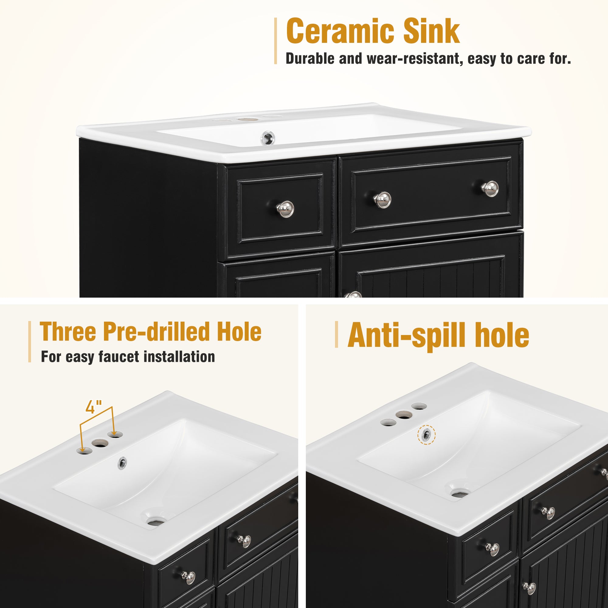 24-inch bathroom vanity with drawers open, storage view