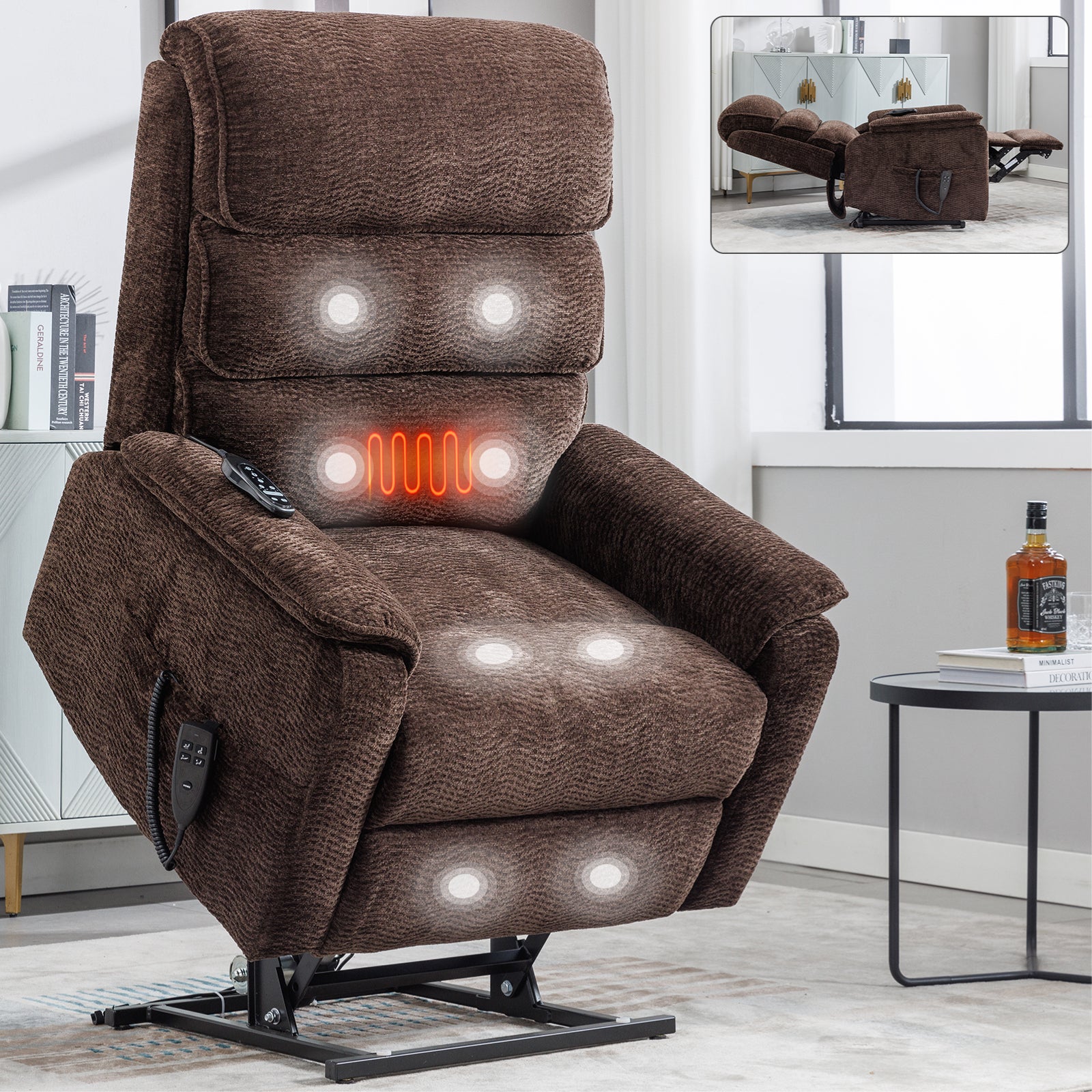 Brown Chenille Dual Motor Infinite Position Up to 350 LBS Power Lift Recliner Chair with Power-Remote, Heat Massage and Heavy Duty Motion Mechanism