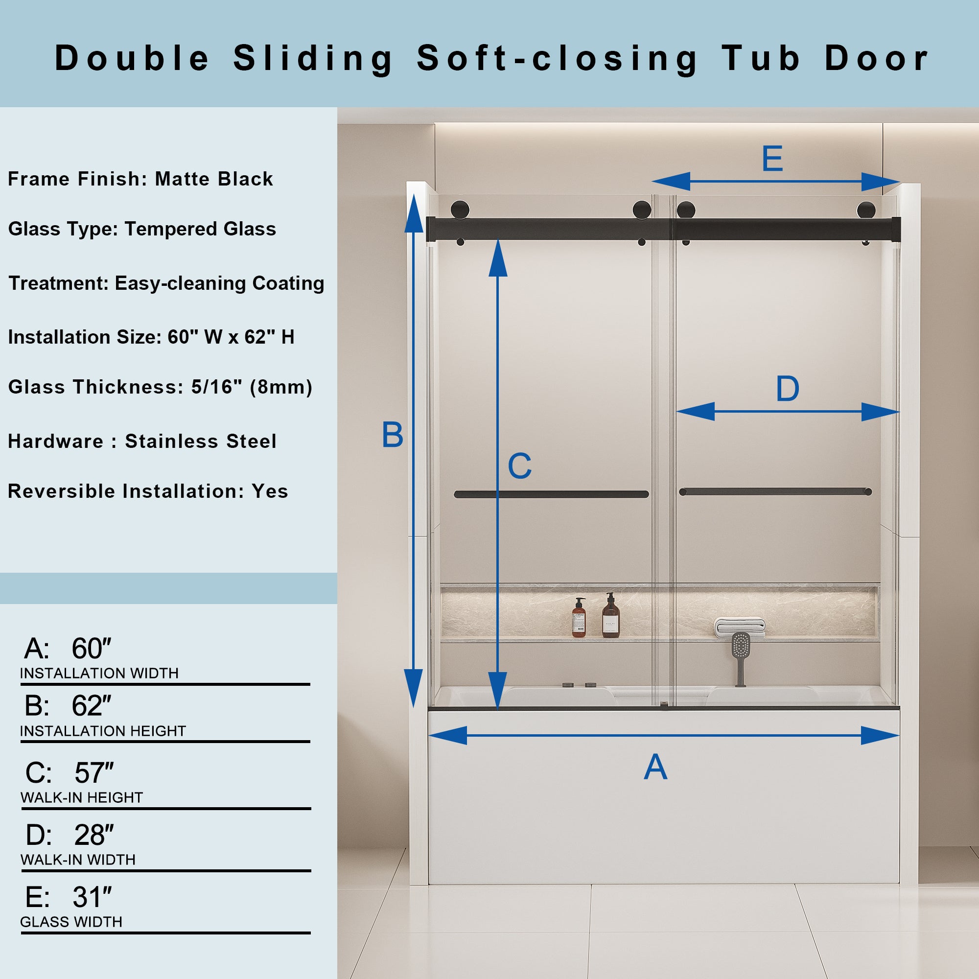 56-60"W x 62"H Frameless Double Sliding Tub Door, Bypass Tub Shower Door Soft Closing, Matte Black 24D02-T60MBX