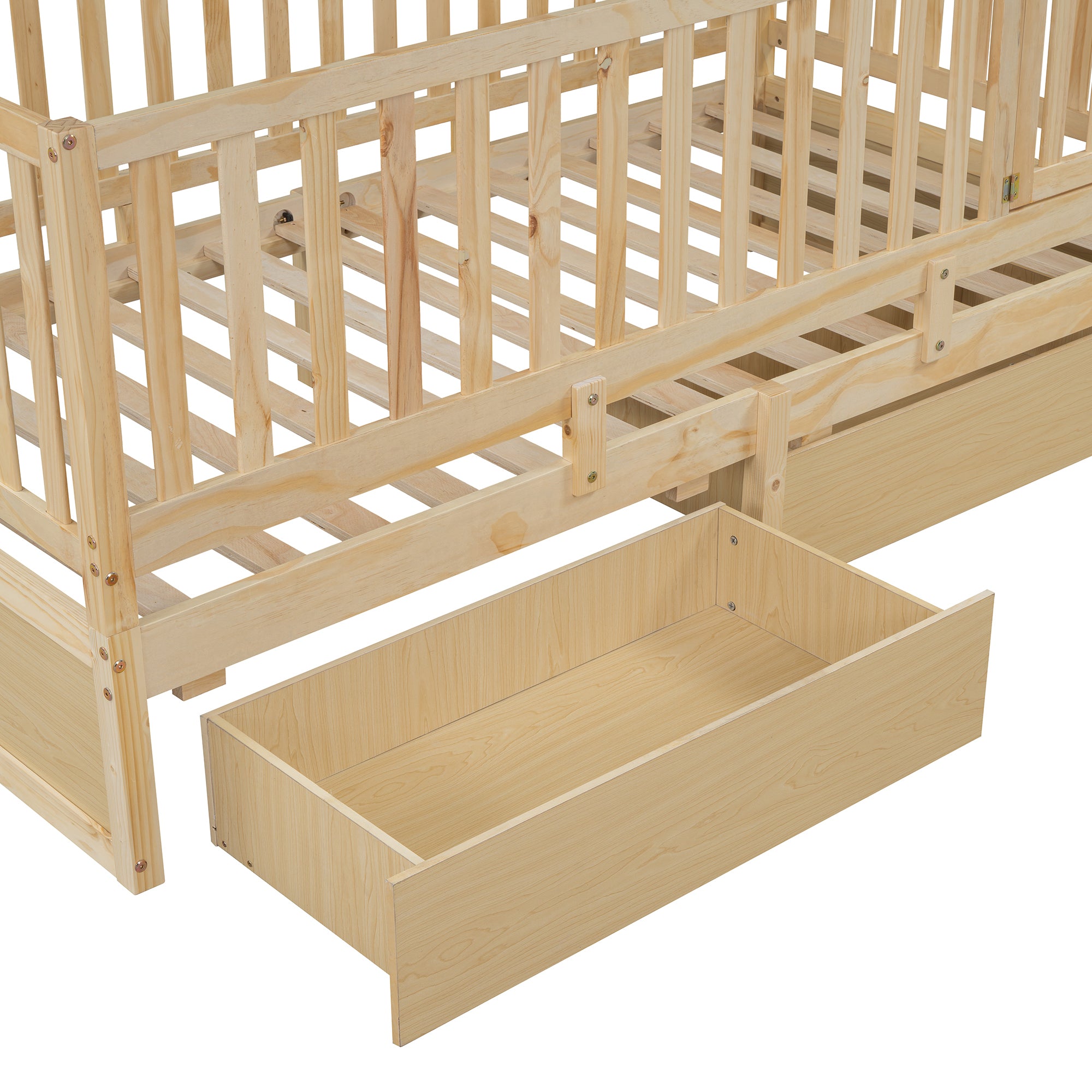 Twin Size Wood Daybed with Fence Guardrails and 2 Drawers, Split into Independent Floor Bed & Daybed, Natural(OLD SKU :LP000881AAN)