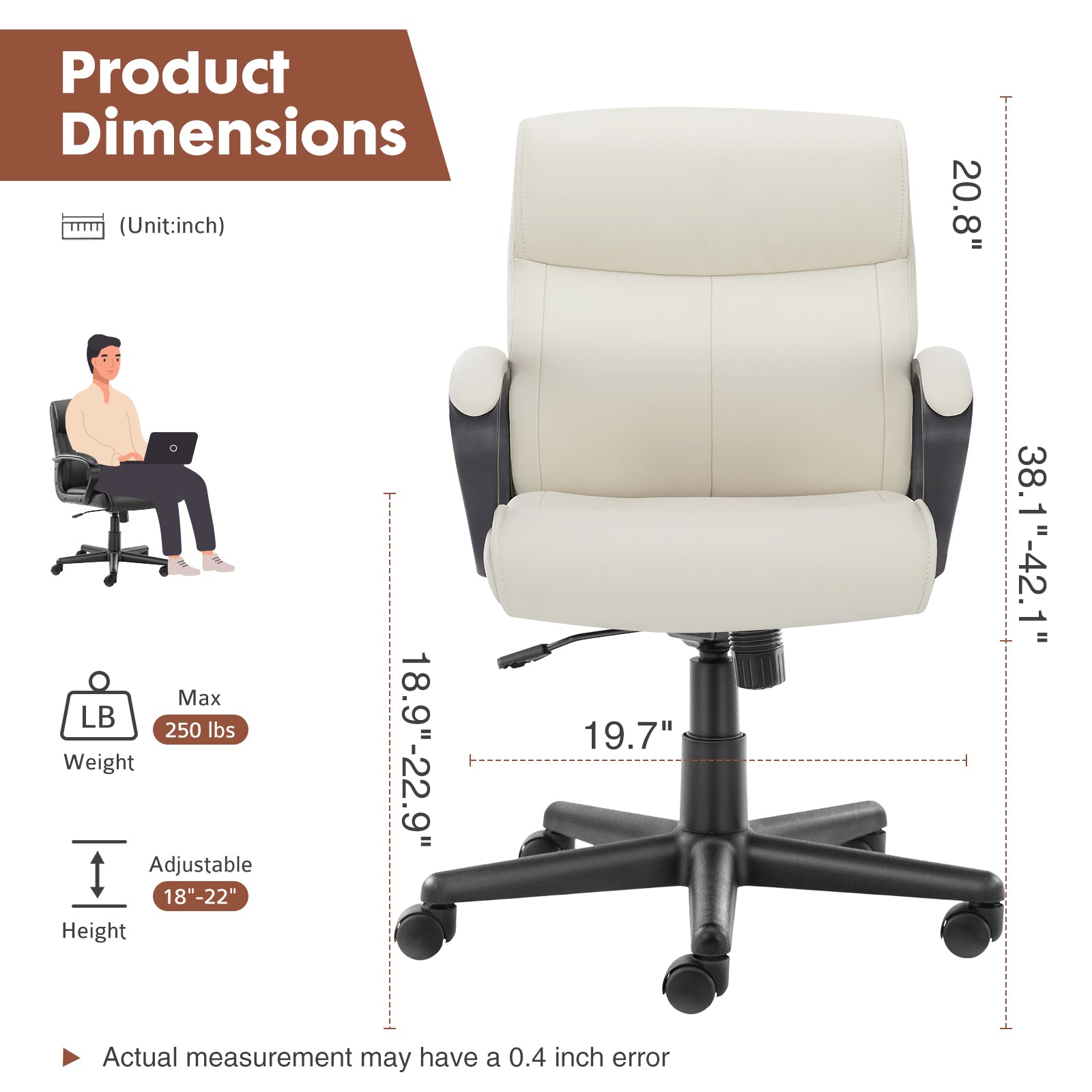 Sweetcrispy Mid Back Office Desk Chair with Padded Armrests PU Leather Home Office Chair