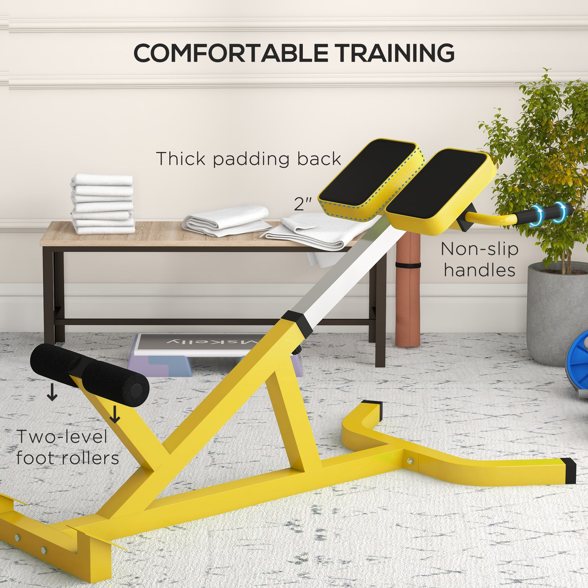 Soozier Roman Chair Back Extension Machine, Height Adjustable Hyperextension Bench with Dip Bars, Multi-Functional for Back, Core, Arms and Whole-Body Training, Yellow