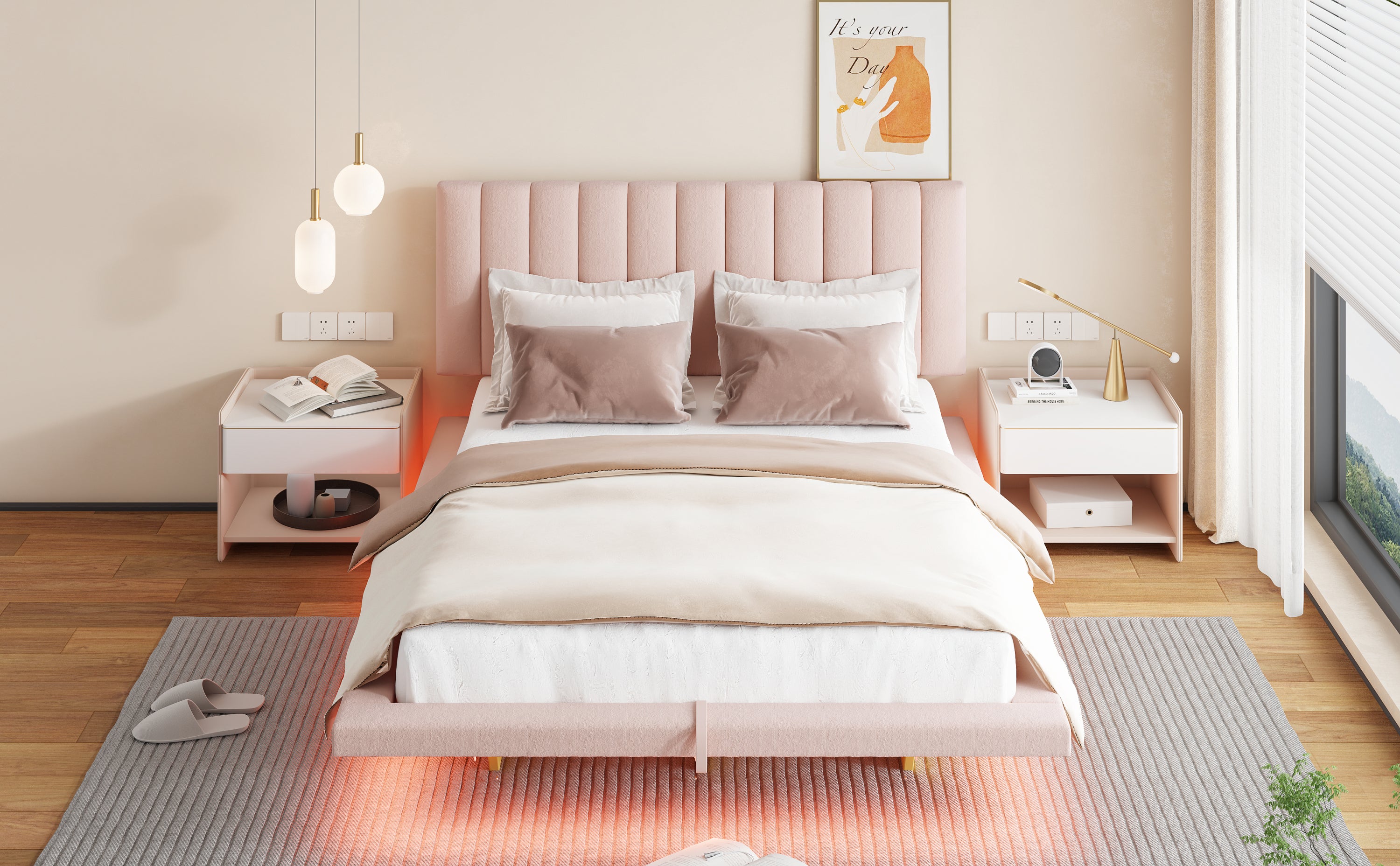 Queen Size Upholstered Floating Bed with LED Light and USB Port, Velvet, Pink, Hydrualic Platform Bed