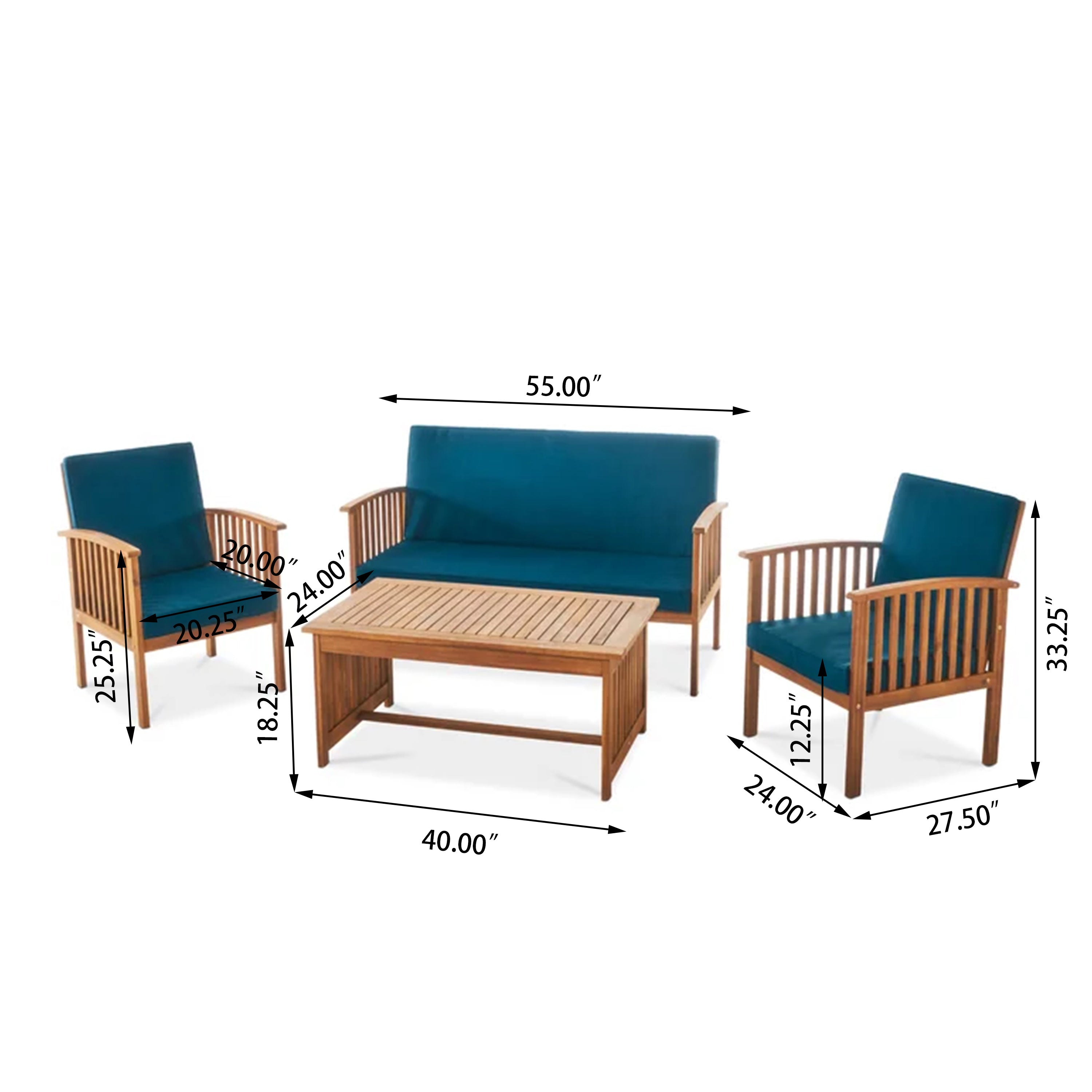 Outdoor Acacia Wood Sofa Set with Water Resistant Cushions, 4-Pcs Set, Brown Patina / Teal Blue