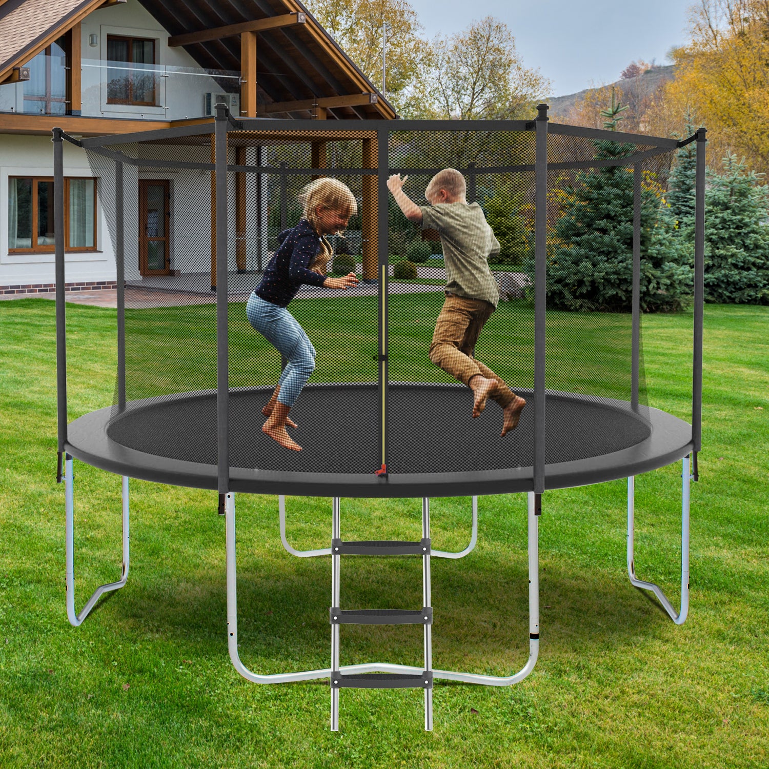 14FT Trampoline with Safety Enclosure Net, Outdoor Trampoline with Heavy Duty Jumping Mat and Spring Cover Padding for Kids and Adults