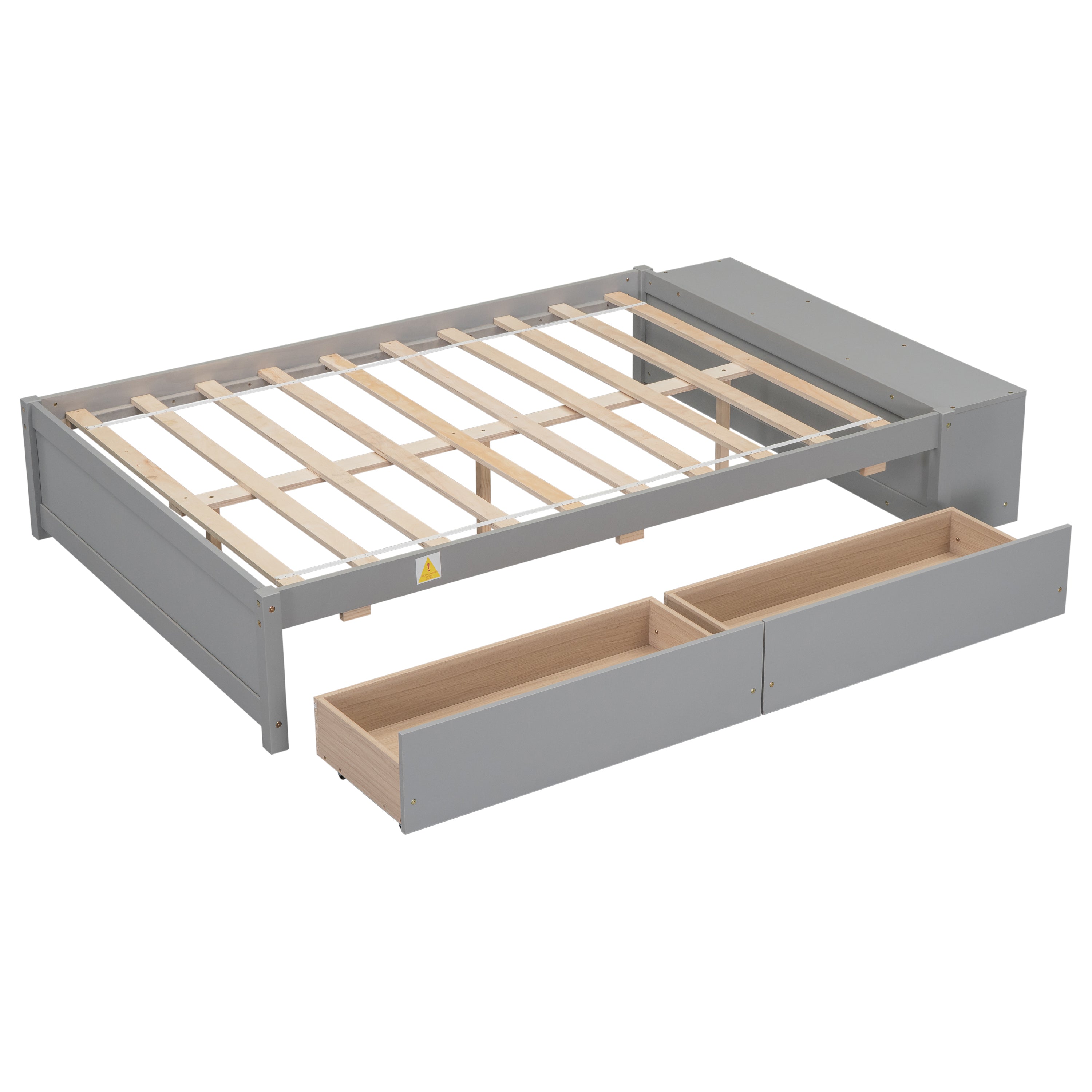 Full Size Bed with Storage Case, 2 Storage drawers, Lengthwise Support Slat,Grey