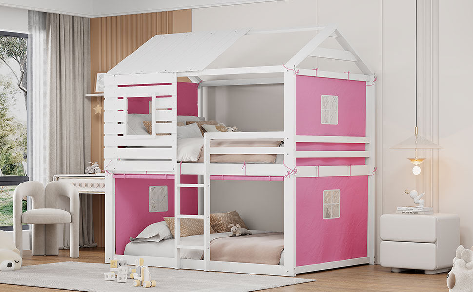 Full Size Bunk Wood House Bed with Tent, Pink+White