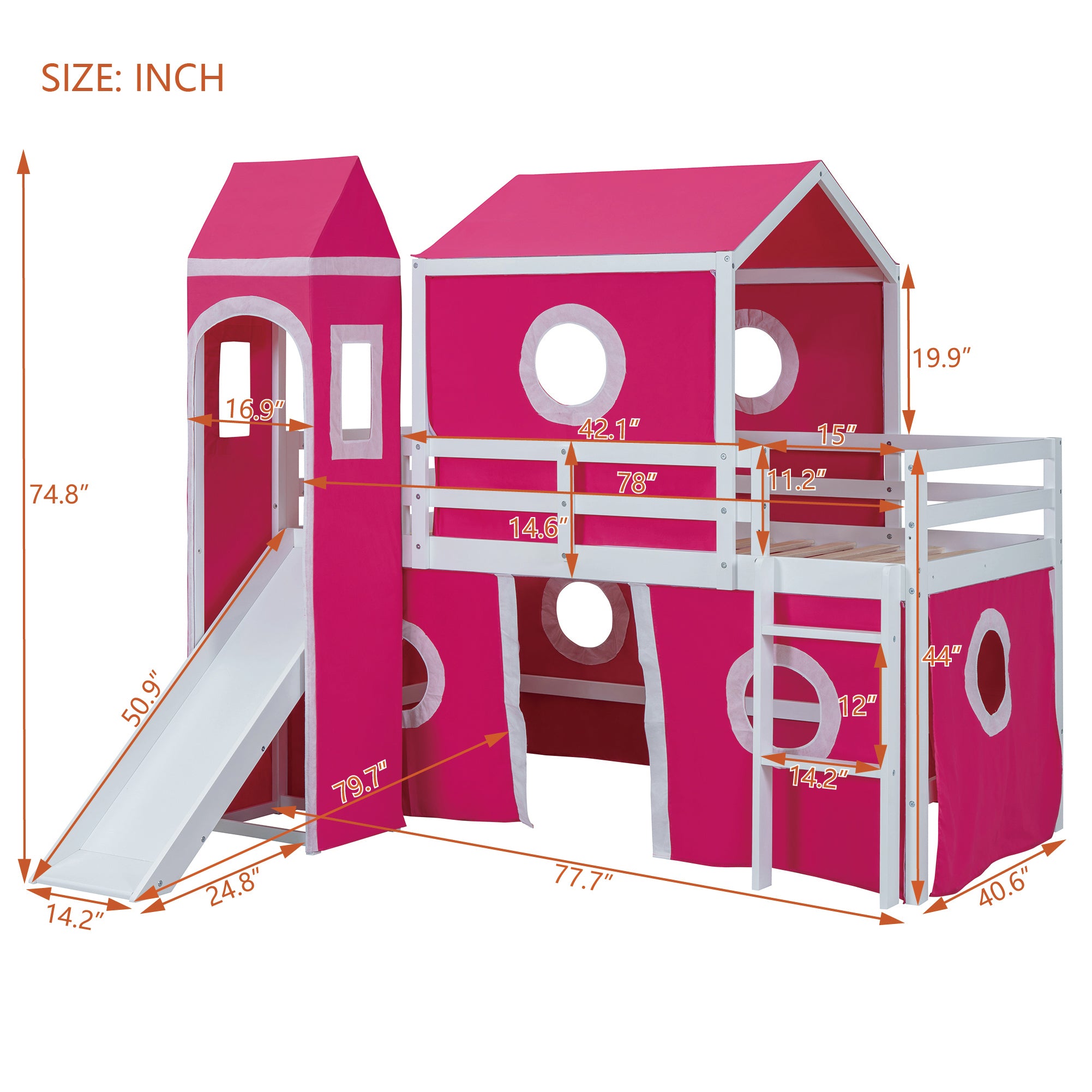 Twin Size Loft  Bed with Slide Pink Tent and Tower - Pink (OLD SKU:WF298769AAH)