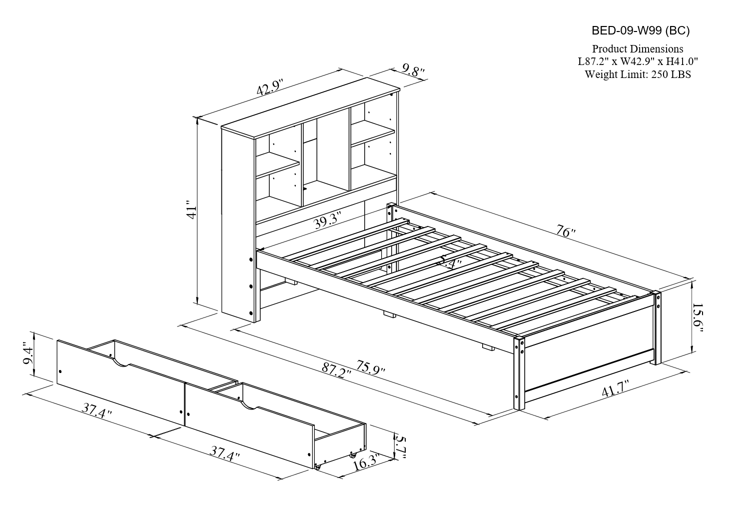 Modern Twin Size Bed Frame With Built-in USB Port on Bookcase Headboard and 2 Drawers for White Washed Color