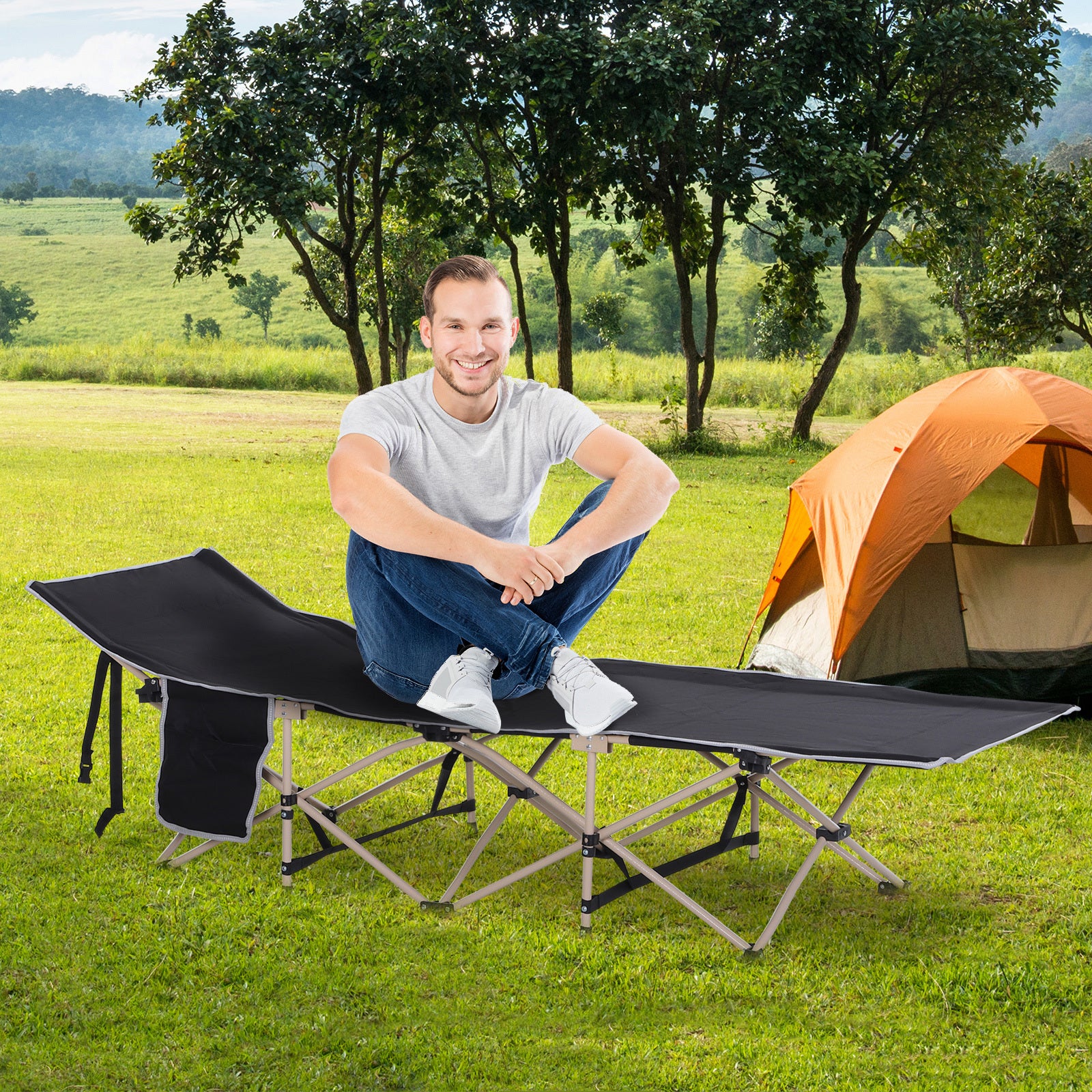 Outsunny Folding Camping Cot for Adults with Carry Bag, Side Pocket, Outdoor Portable Sleeping Bed for Travel, Camp, Vacation, 330 lbs. Capacity, Black