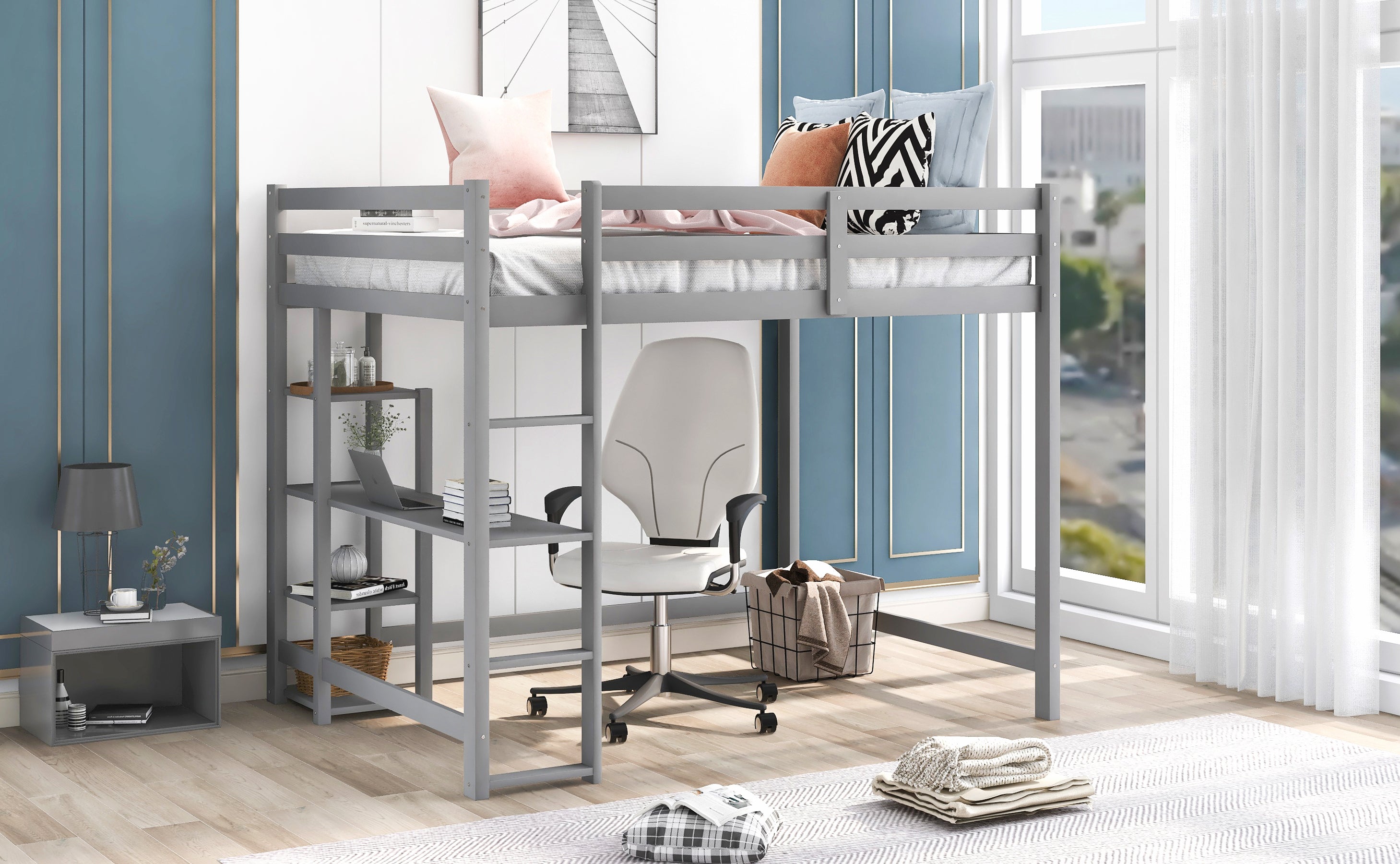 Full Size Loft Bed with Built-in Desk and Shelves,Gray