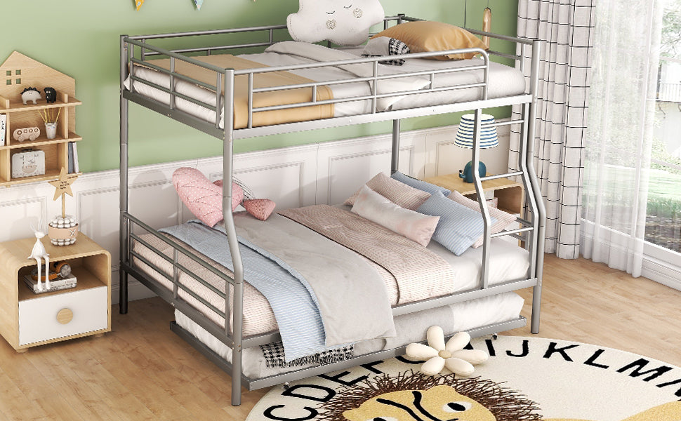 Full XL Over Queen Metal Bunk Bed with Trundle, Silver