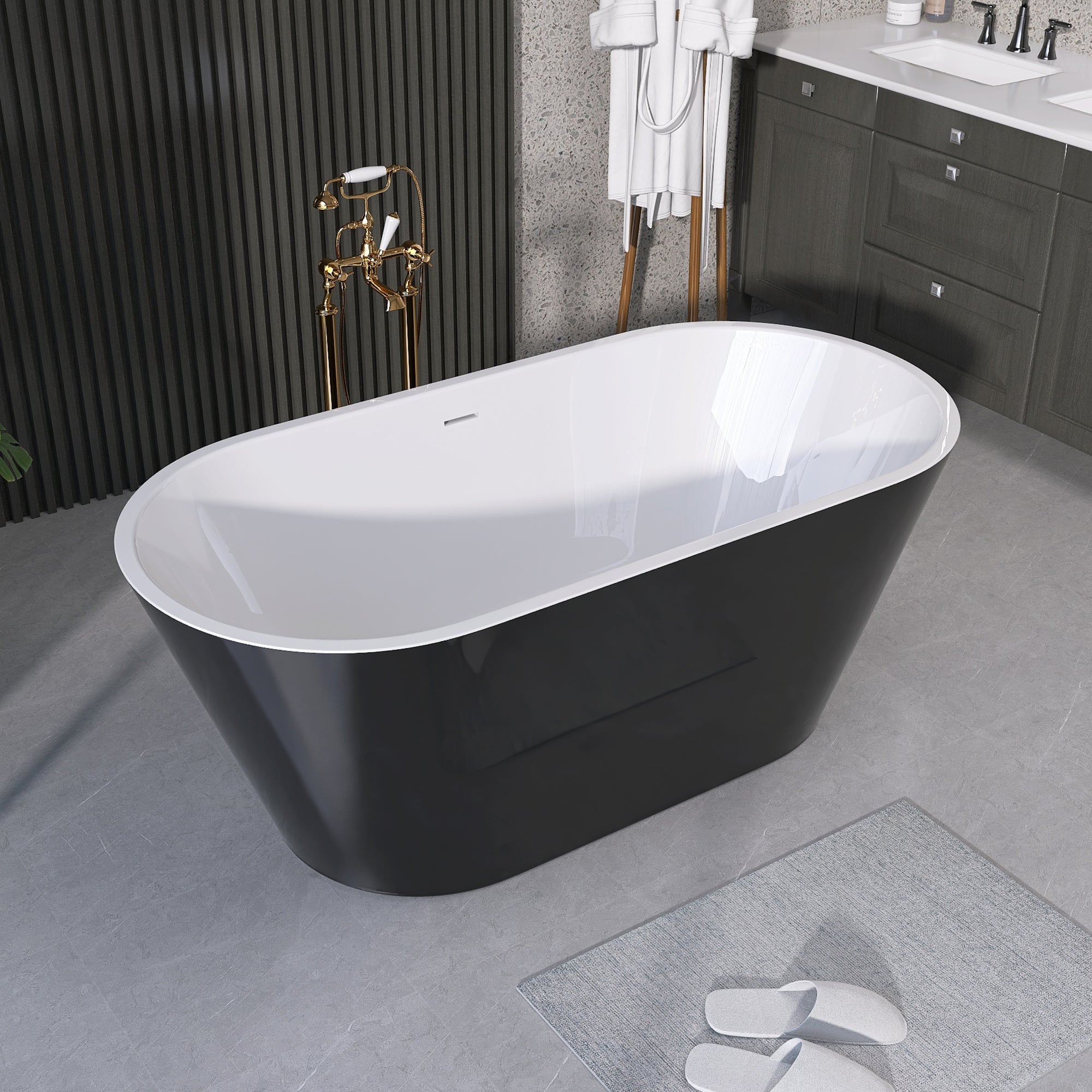 55" Acrylic Freestanding Bathtub Contemporary Soaking White Tub with Overflow and Pop-up Drain Gloss Black