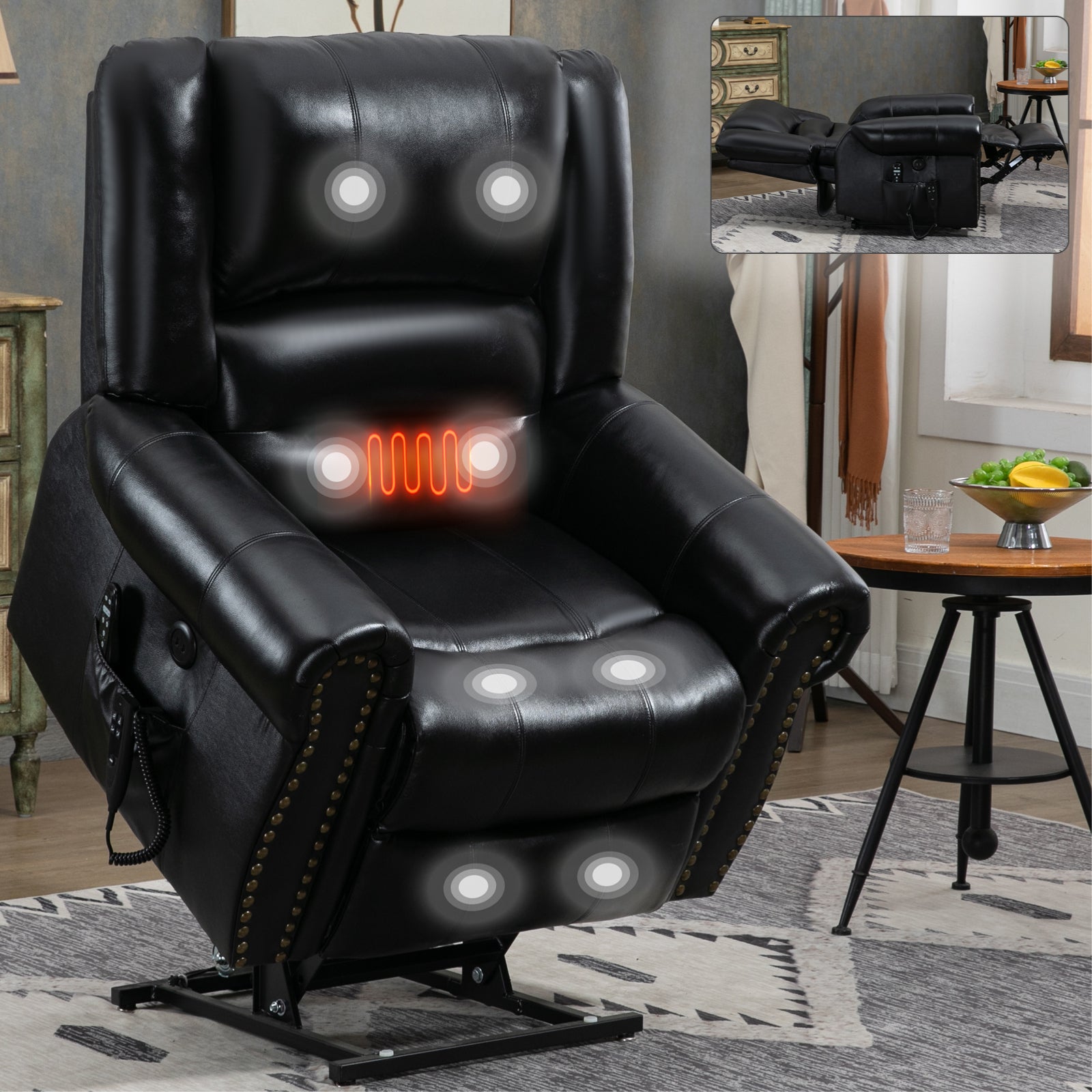 Power Lift Recliner Chair Heat Massage Dual Motor Infinite Position Up to 350 LBS, Genuine Leather, Heavy Duty Motion Mechanism with USB Ports, Black