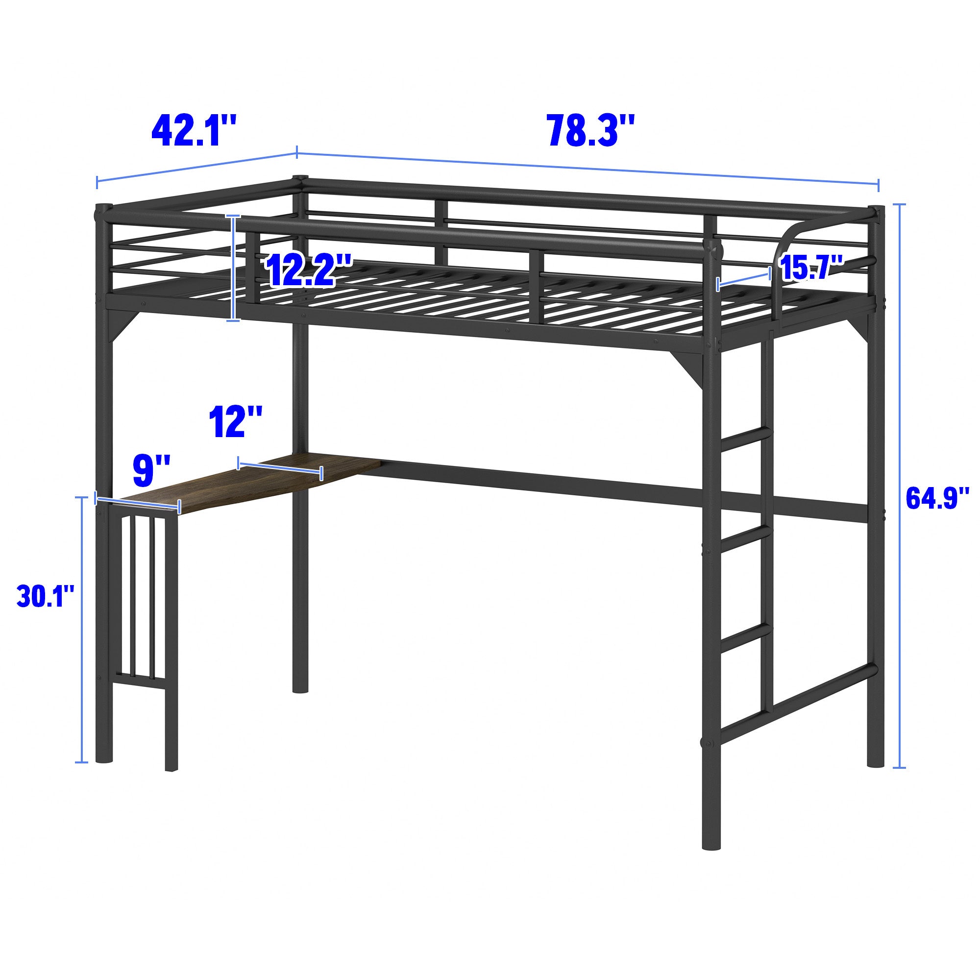 Twin Metal Loft Bed with Desk, Ladder and Guardrails,bookdesk under bed , Black