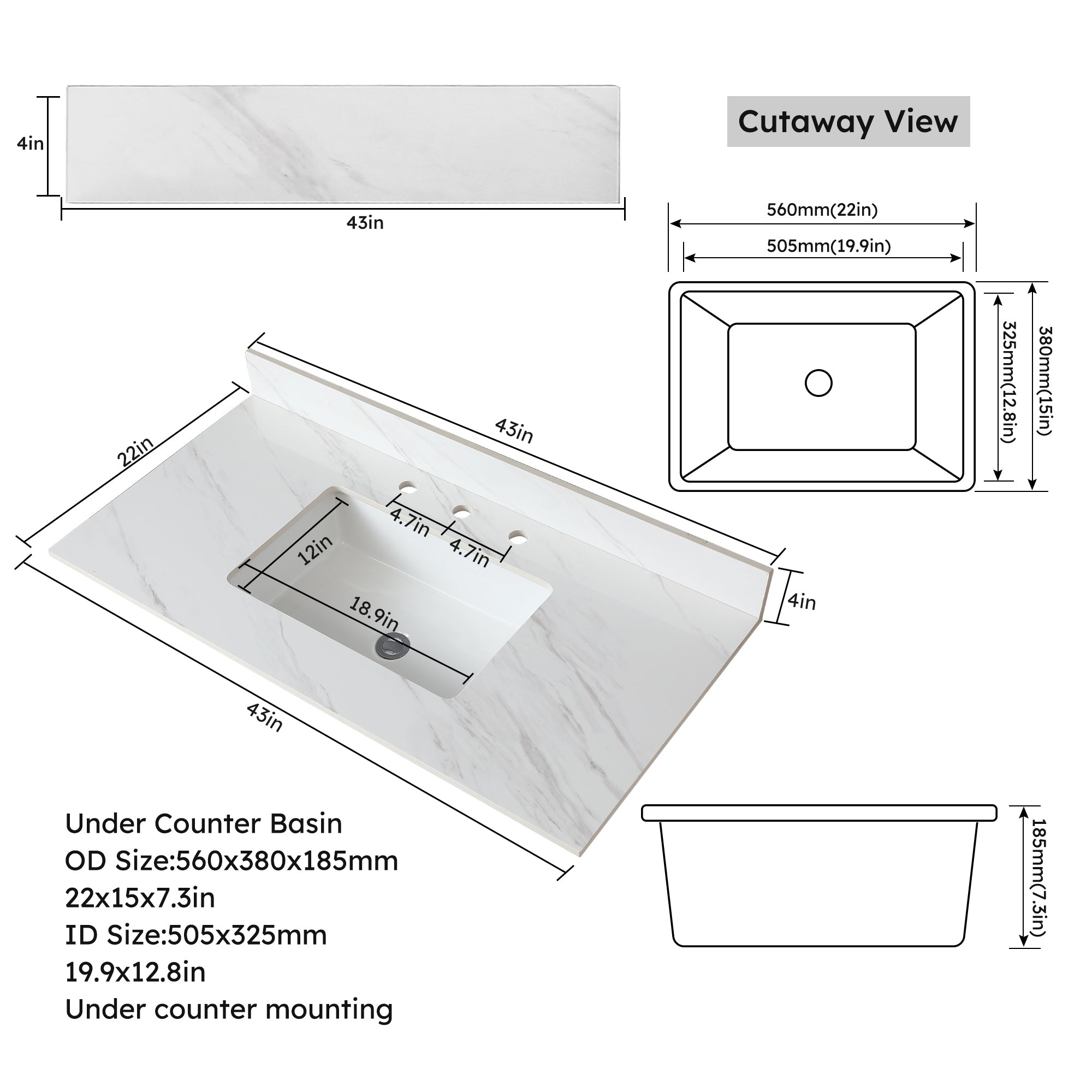 43 Inch Marble Vanity Top, White Vanity Top with Pre-drilled Faucet Holes, Bathroom Vanity Top with Undermount Rectangular Middle Sink and 4" Height Backsplash,  Bianco Carrara Venato