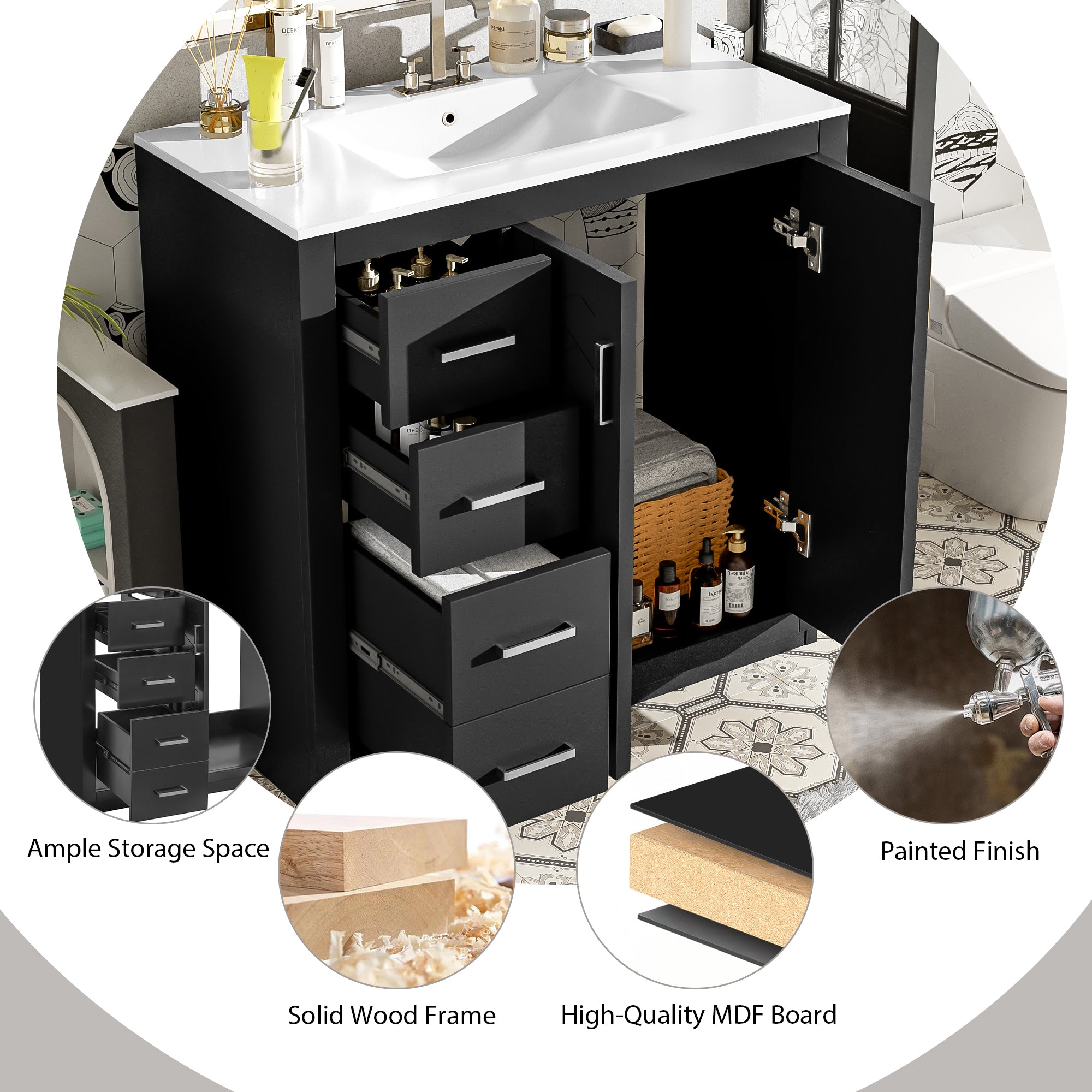 Solid wood bathroom vanity soft-closing cabinet doors detail