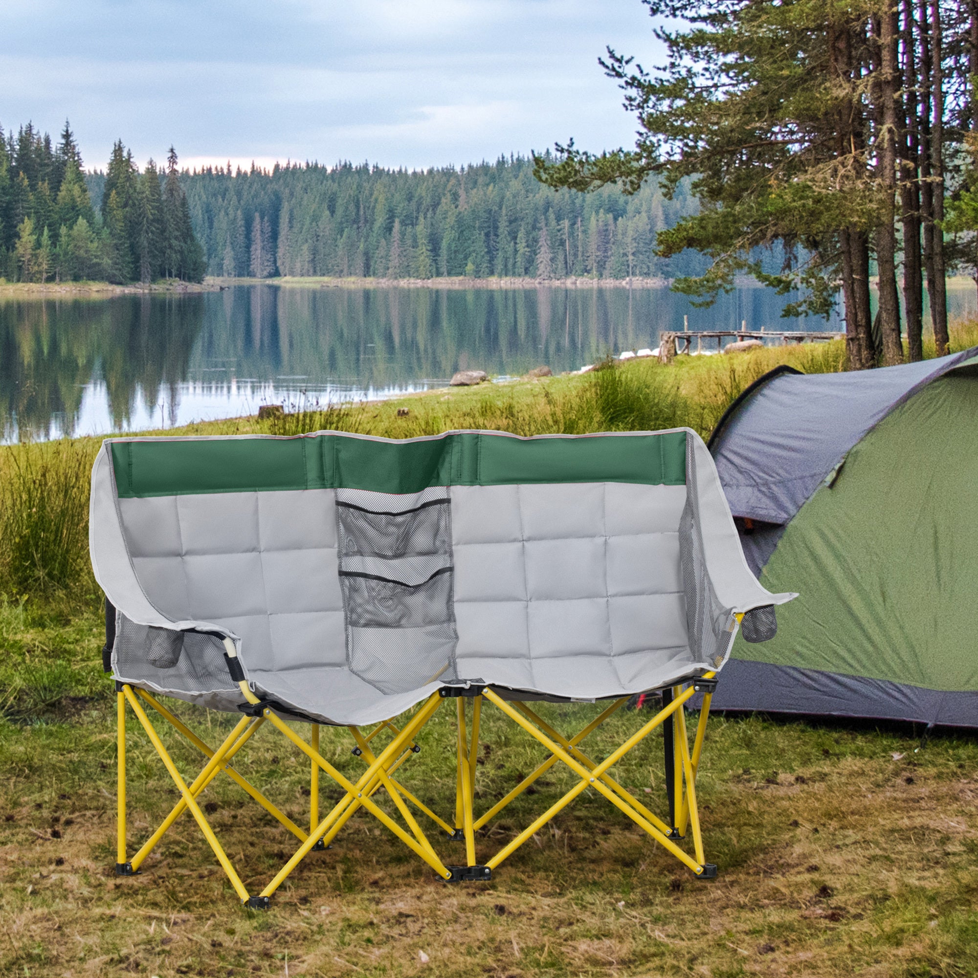 Outsunny Loveseat Style Camping Chair, Oversized Folding Lawn Chair with Carry Bag & Cup Holders, for Outdoor, Beach, Picnic, Hiking, Travel, Green & Gray