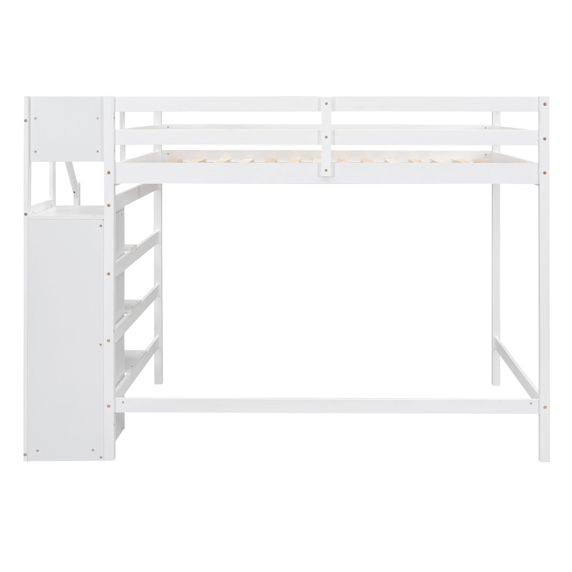 Full Size Loft Bed with Built-in Storage Wardrobe and Staircase, White