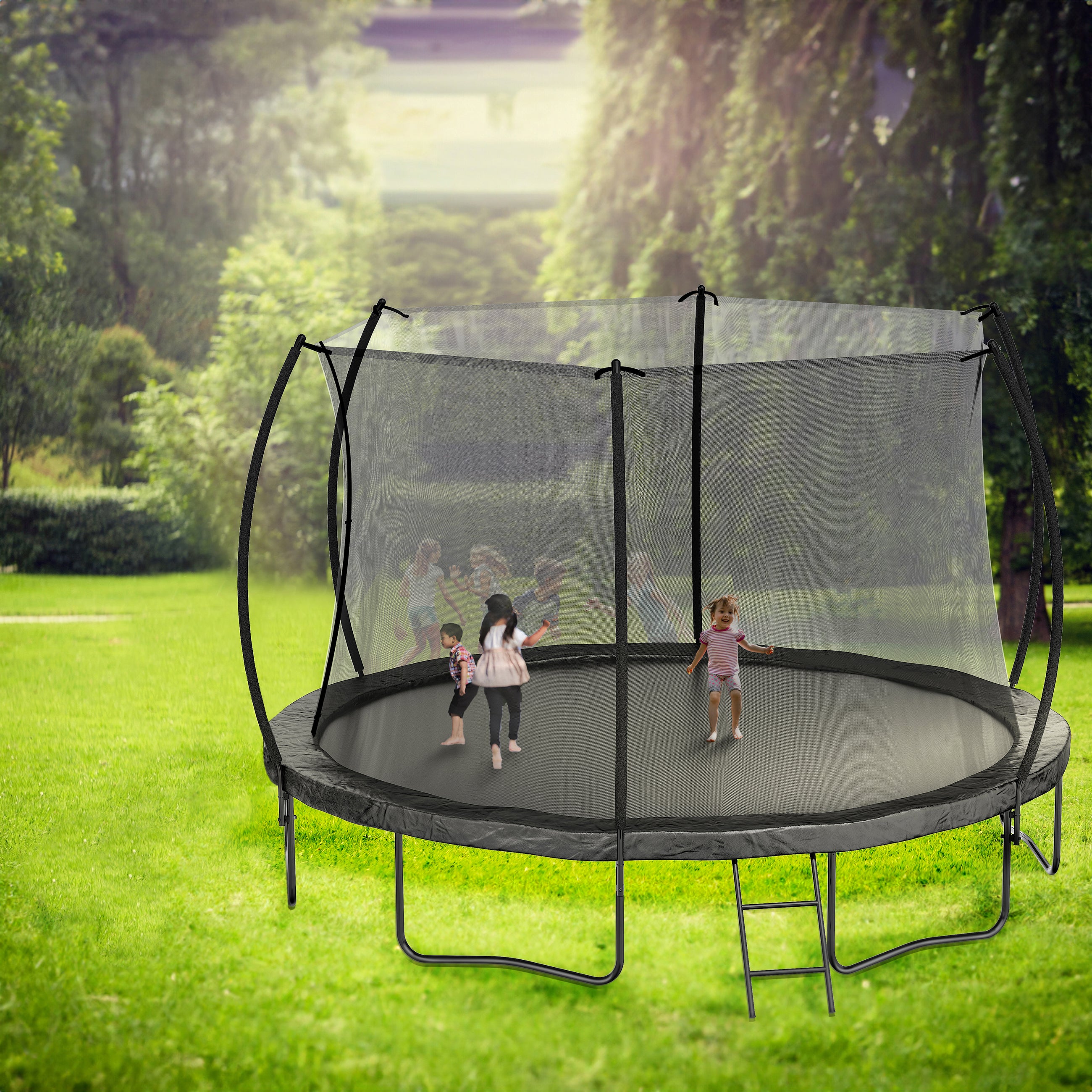 14FT Trampoline (Double-side color pad) ,  Trampoline for Kids and Adults with Enclosure Net and Ladder,Curved fence pole