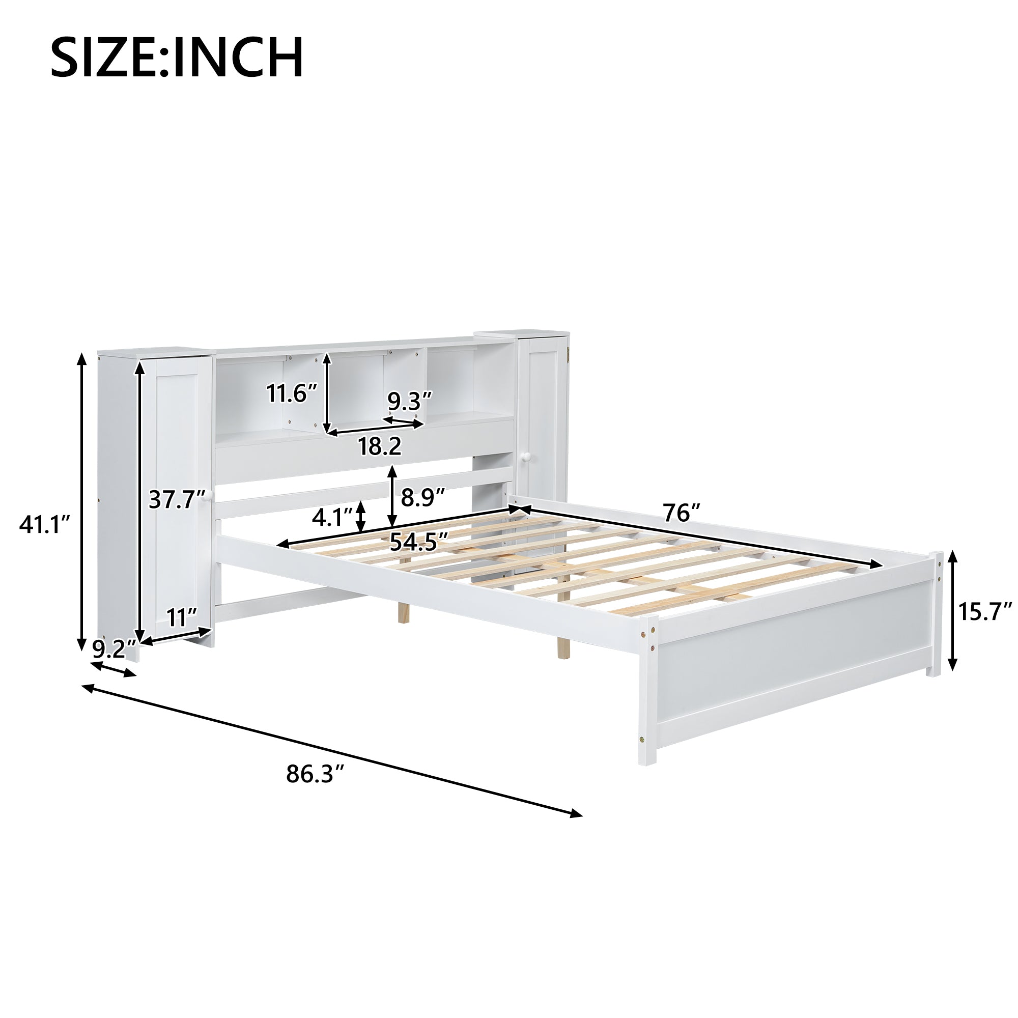 Full Size Platform Bed with Storage Headboard and Lockers, White