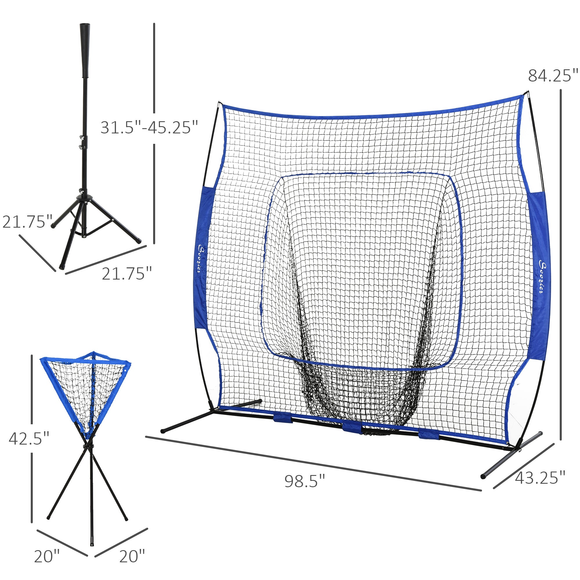 Soozier Baseball Practice Net Set with 7.5x7ft Catcher Net, Ball Caddy, Portable Baseball Practice Equipment with for Hitting, Pitching, Batting, Catching, Blue