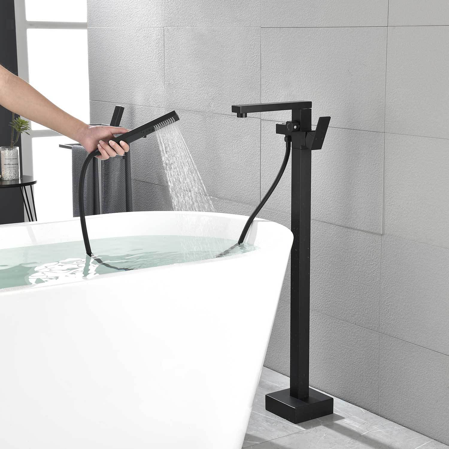 Freestanding Bathtub Faucet Tub Filler Matte Black Floor Mount Bathroom Faucets Brass Single Handle with Hand Shower