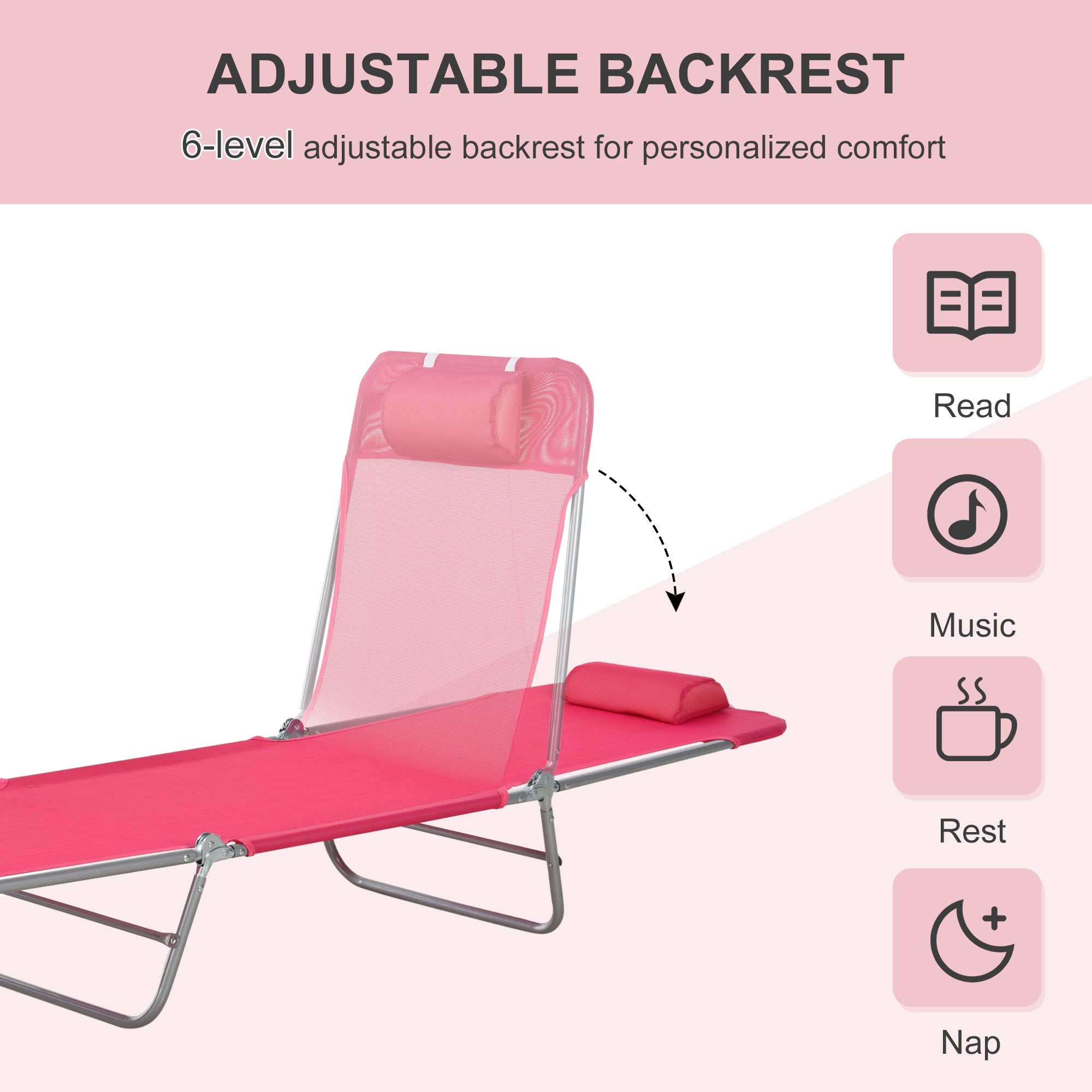 Outsunny Folding Chaise Lounge Chair, Pool Sun Tanning Chair, Outdoor Lounge Chair with Reclining Back, Breathable Mesh Seat, Headrest for Beach, Yard, Patio, Pink