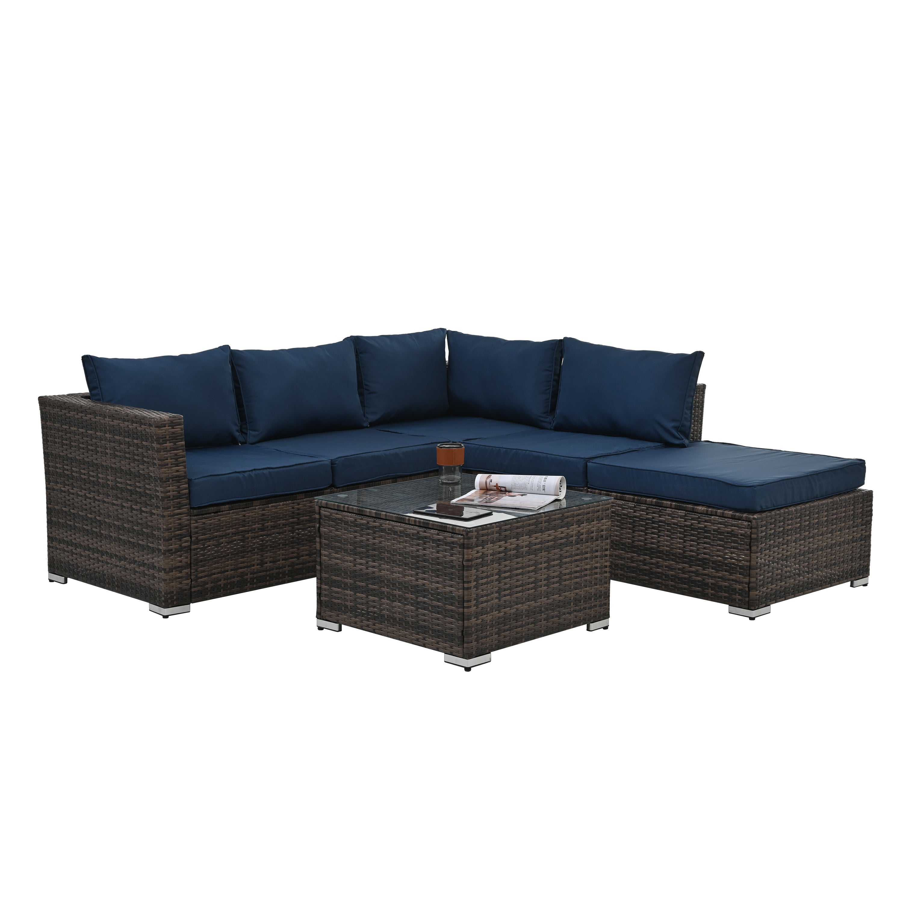 Patio Furniture, Outdoor Furniture, Seasonal PE Wicker Furniture, 4 Set Wicker Furniture With Tempered Glass Coffee Table,