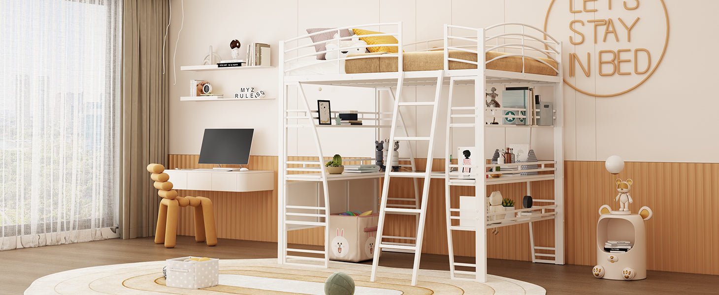 Full Size Loft Bed with 4 Layers of Shelves and L-shaped Desk, Stylish Metal Frame Bed with a set of Sockets, USB Ports and and Wireless Charging, White