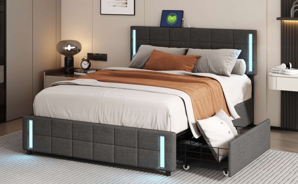 Queen Size Upholstered Platform Bed with LED Lights and USB Charging, Storage Bed with 4 Drawers, Gray(Linen)