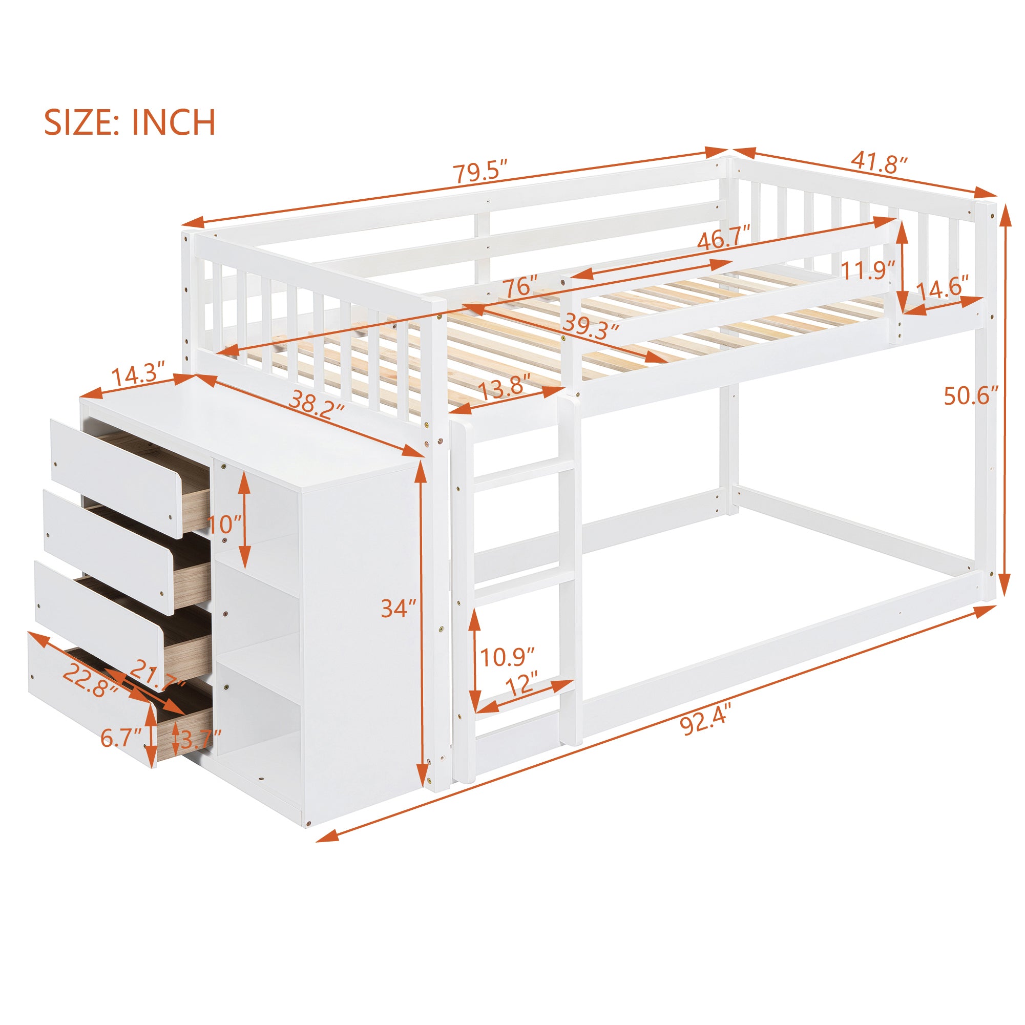 Twin over Twin Bunk Bed with 4 Drawers and 3 Shelves-White