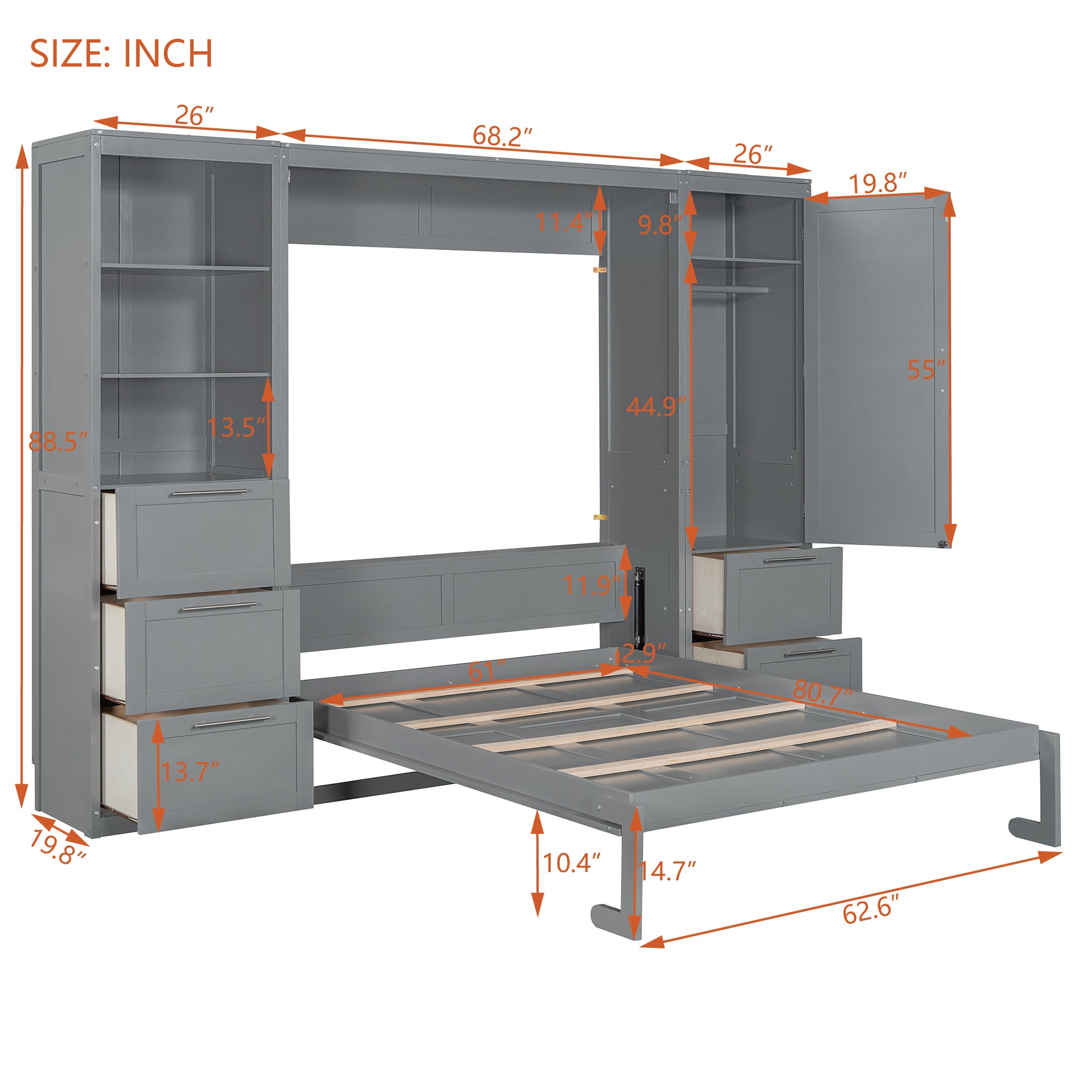 Queen Size Murphy Bed Wall Bed with Closet ,Drawers and Shelves,Gray