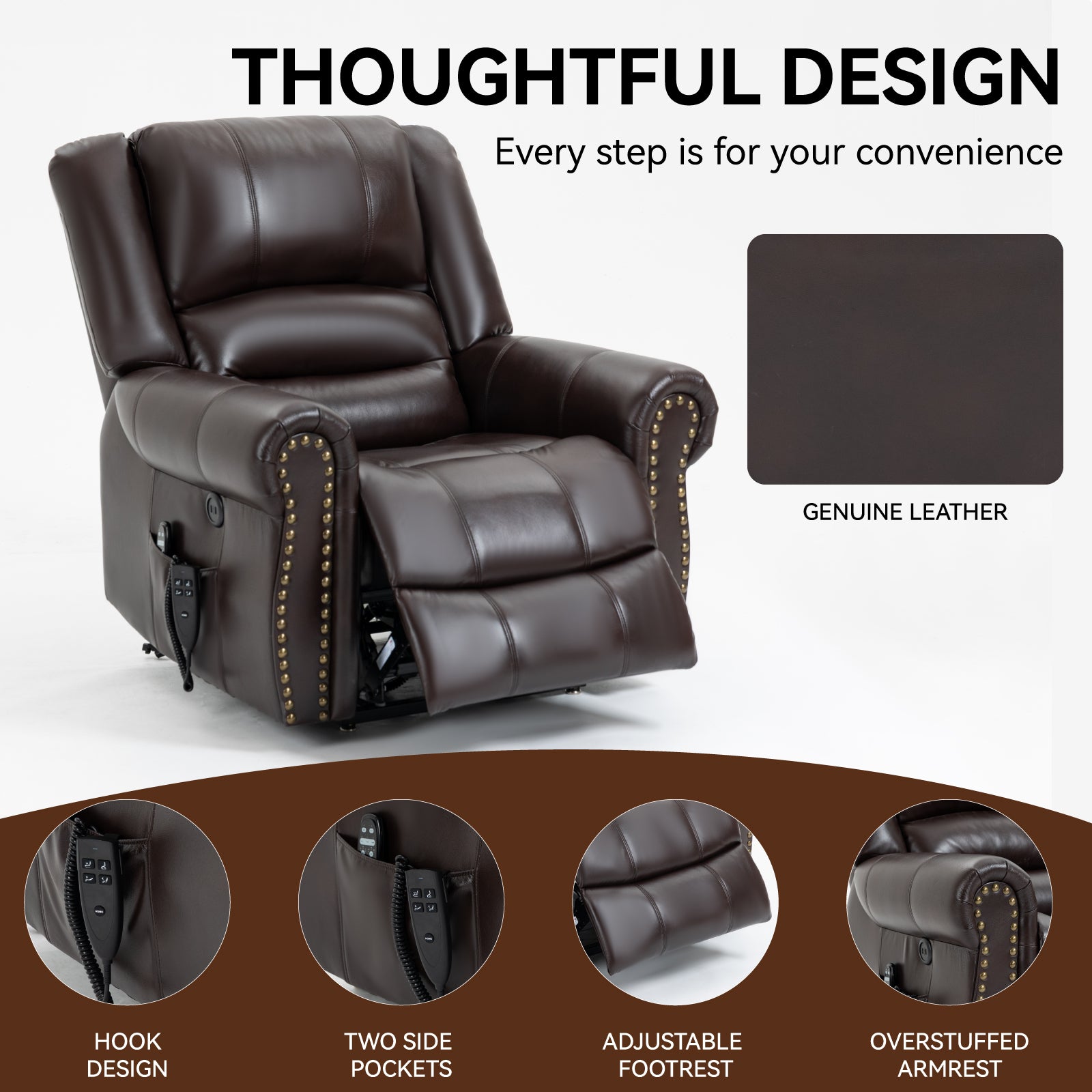 Power Lift Recliner Chair Heat Massage Dual Motor Infinite Position Up to 350 LBS, Faux Leather, Heavy Duty Motion Mechanism with USB Ports, Brown