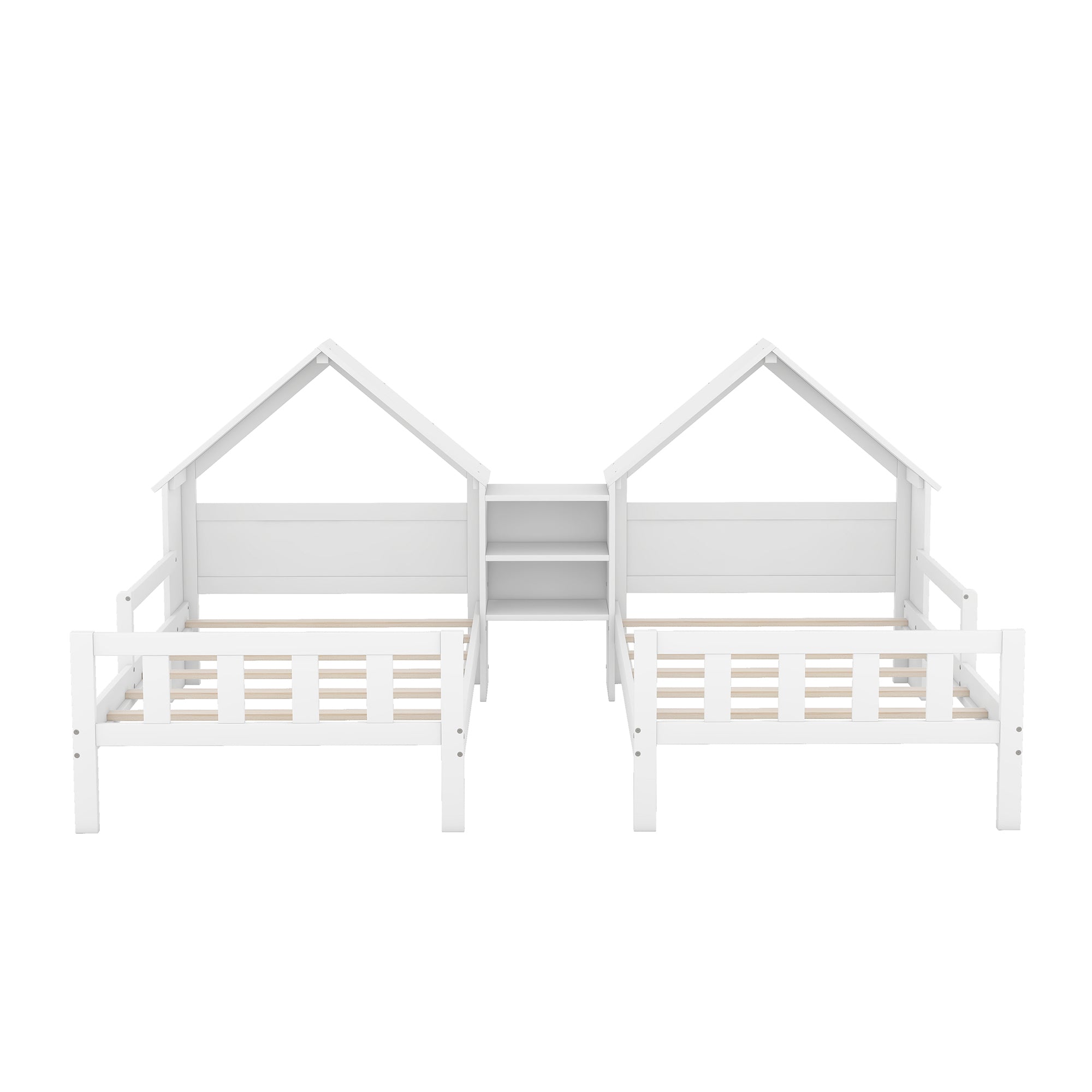 Double Twin Size Platform Bed with House-shaped Headboard and a Built-in Nightstand, White